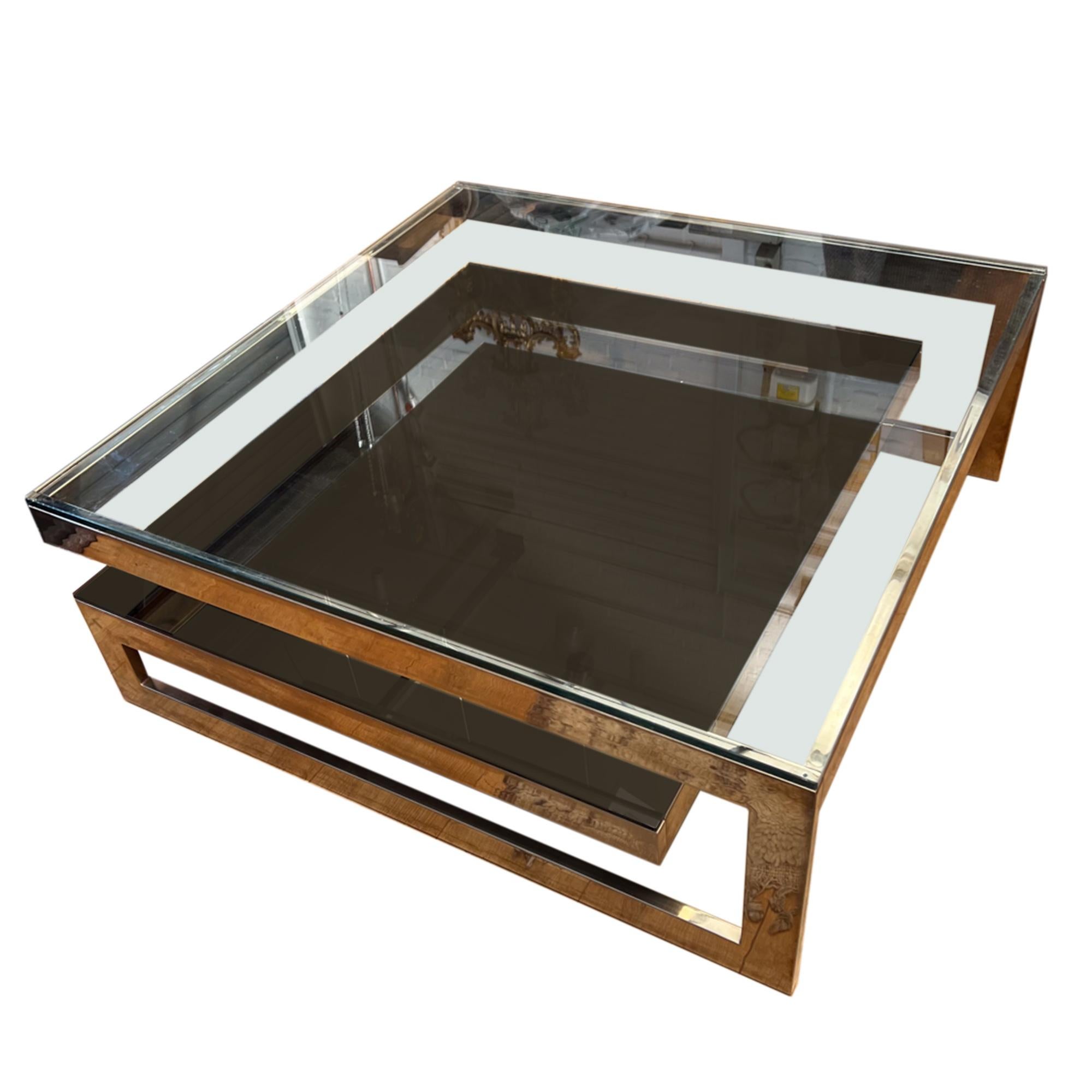 Großer quadratischer zweistufiger Couchtisch von Belgo Chrom, Belgien, 1970er Jahre (Beschichtet) im Angebot