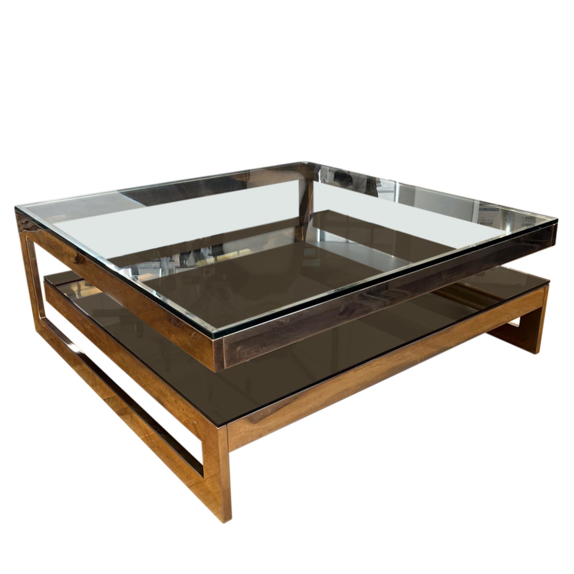 Großer quadratischer zweistufiger Couchtisch von Belgo Chrom, Belgien, 1970er Jahre (Ende des 20. Jahrhunderts) im Angebot