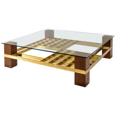 Large Square Vintage Coffee Table in Glass, Wood and Brass, Italy 1970s