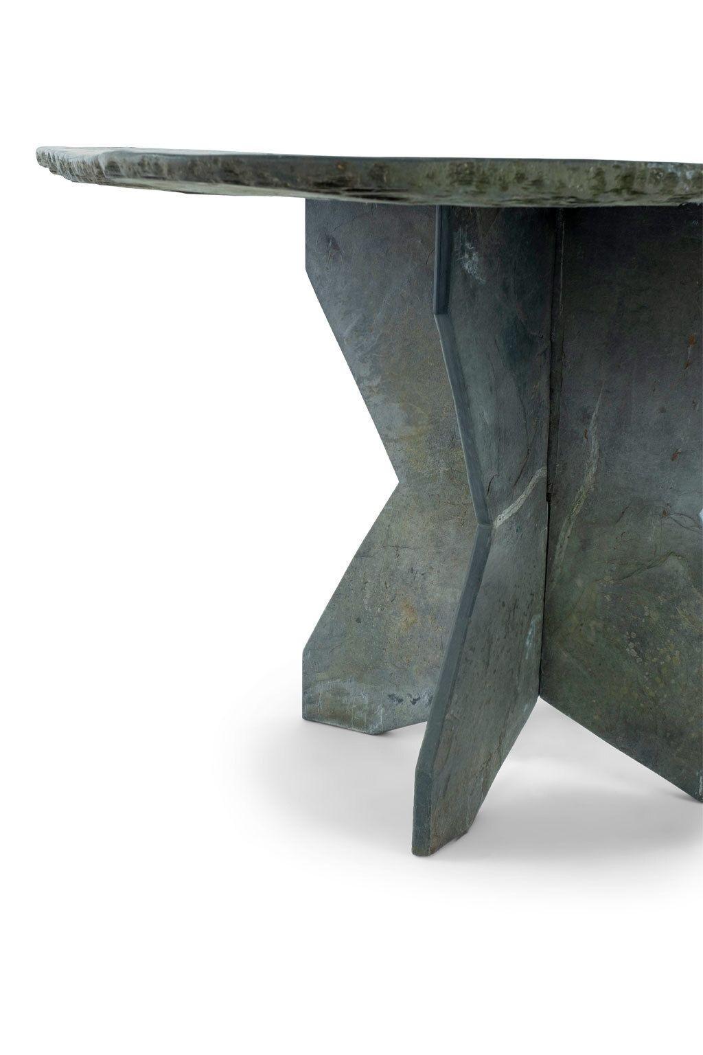 Large square vintage slate table from France, raised upon two-part shaped slate base.