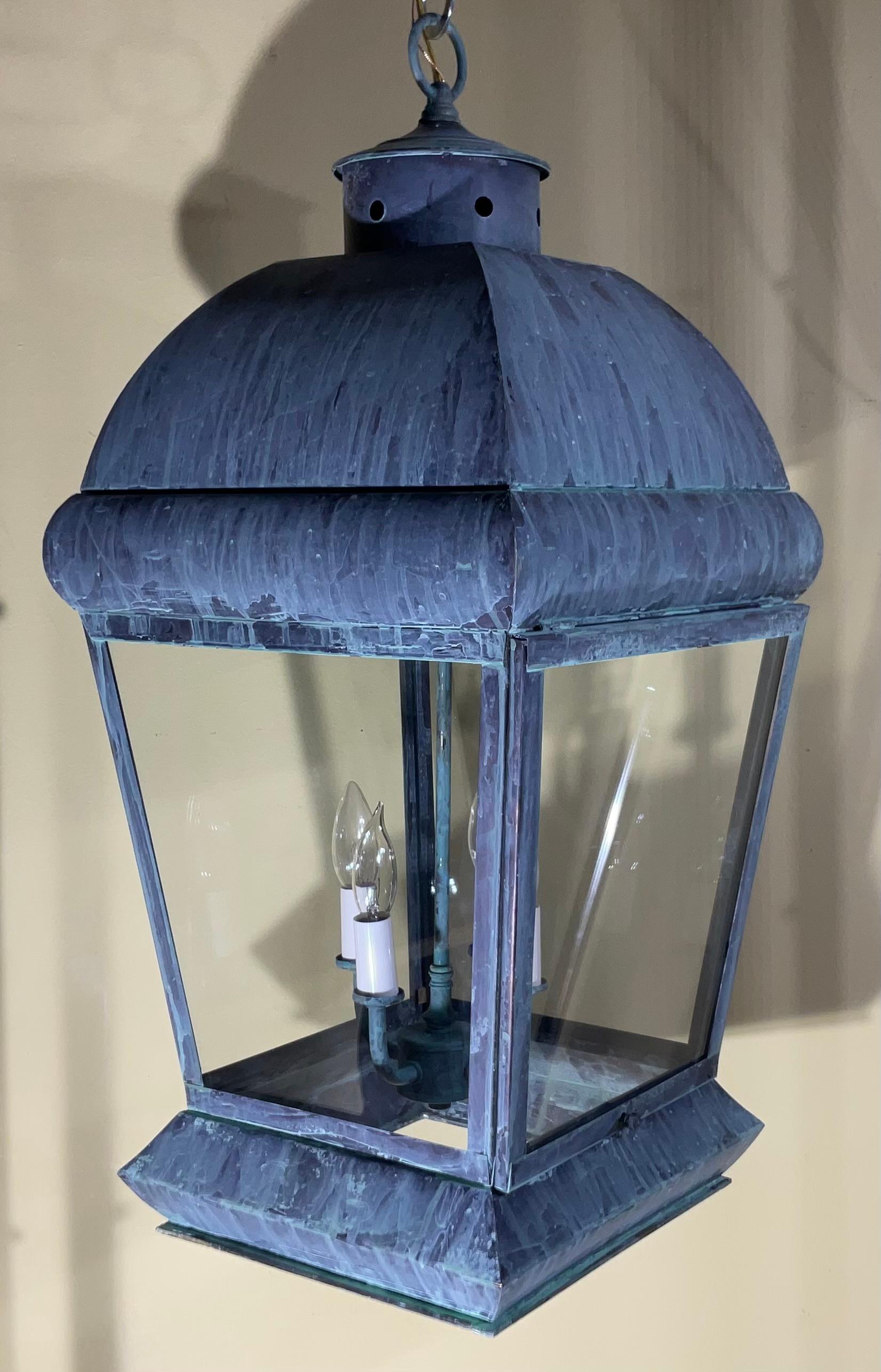 Large Square Vintage Solid Brass Hanging Lantern Chandelier For Sale 4