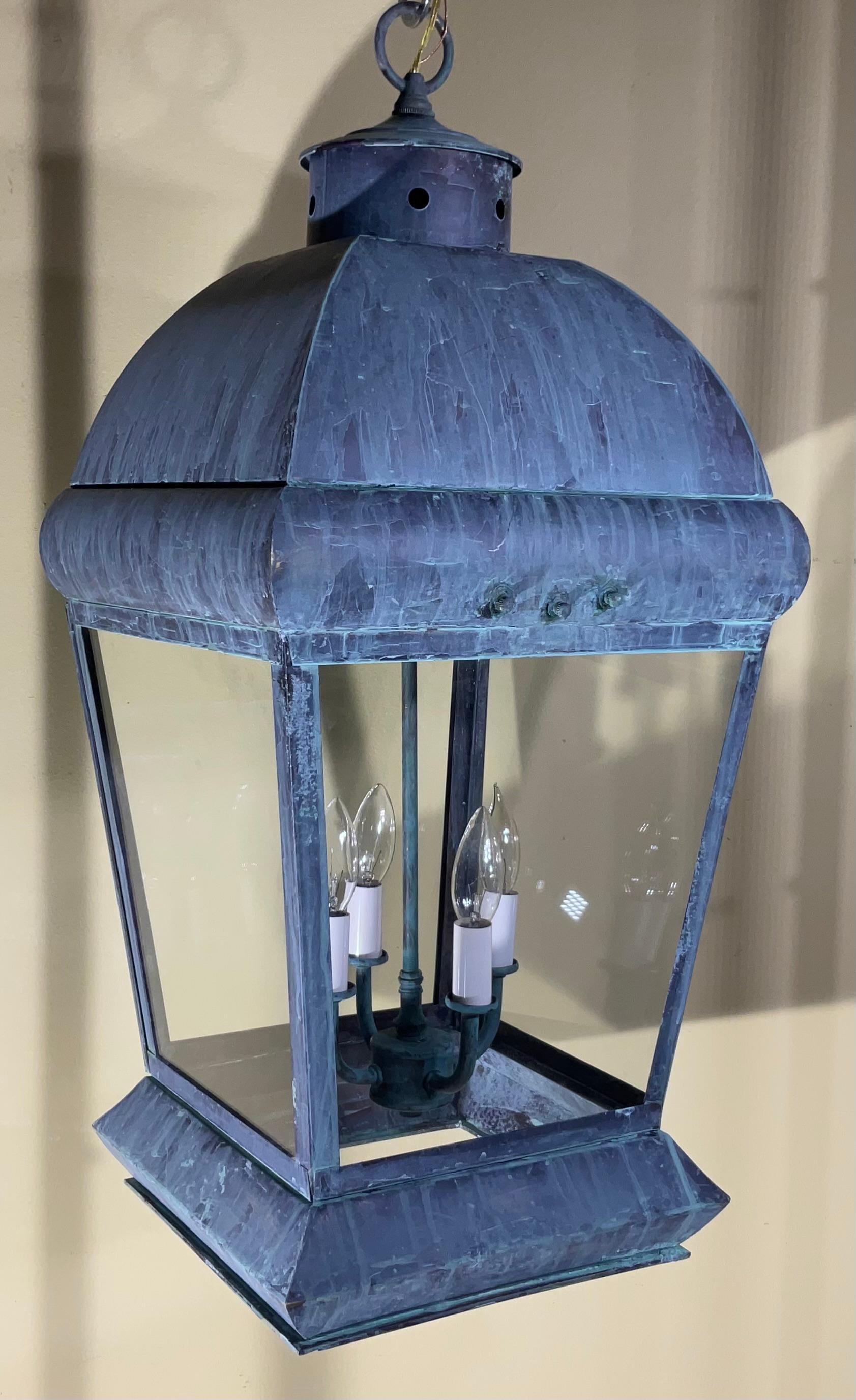 Large Square Vintage Solid Brass Hanging Lantern Chandelier For Sale 6