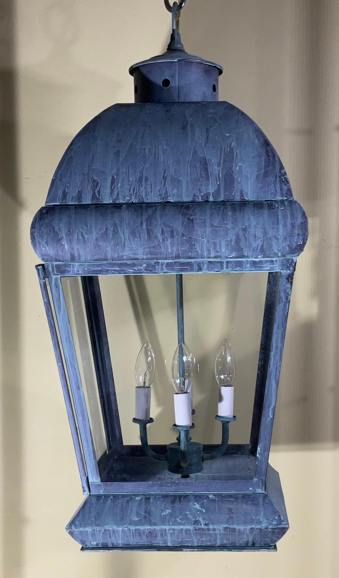 Large Square Vintage Solid Brass Hanging Lantern Chandelier For Sale 7