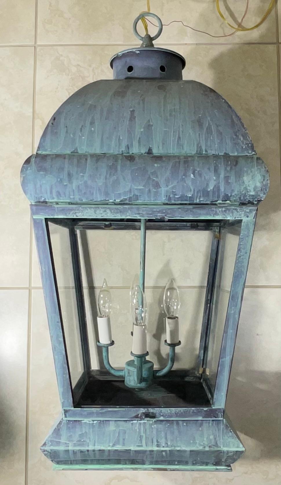 Large Square Vintage Solid Brass Hanging Lantern Chandelier For Sale 9