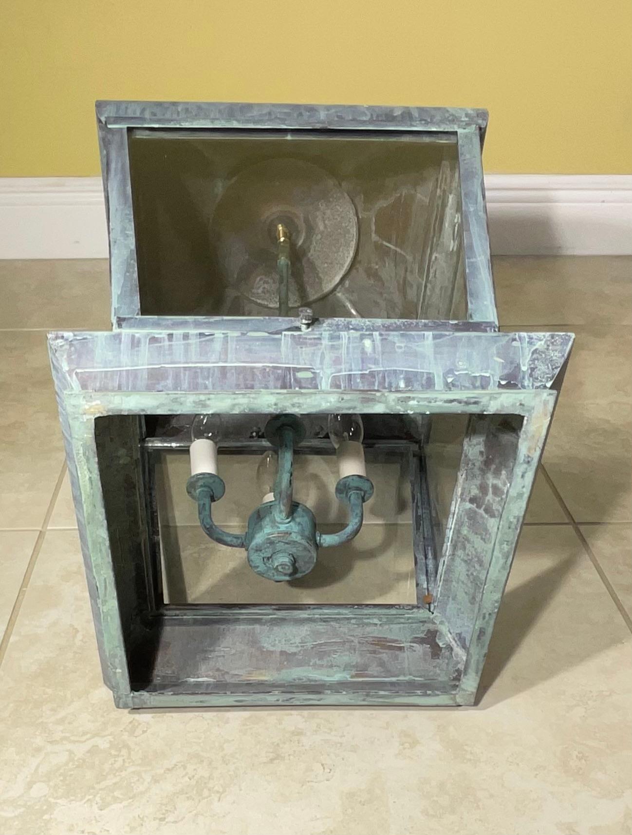 Large Square Vintage Solid Brass Hanging Lantern Chandelier For Sale 10