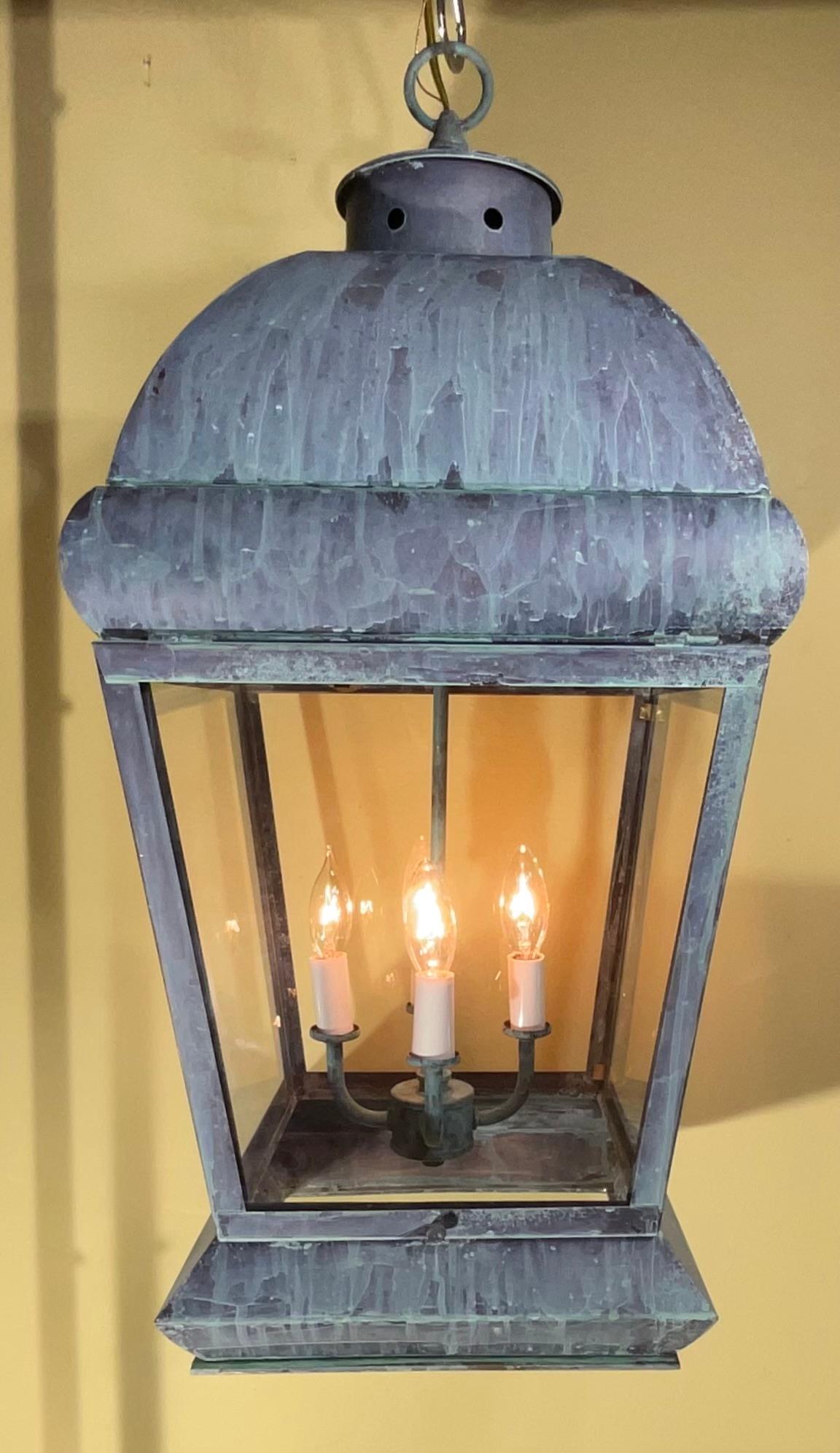 American Large Square Vintage Solid Brass Hanging Lantern Chandelier For Sale