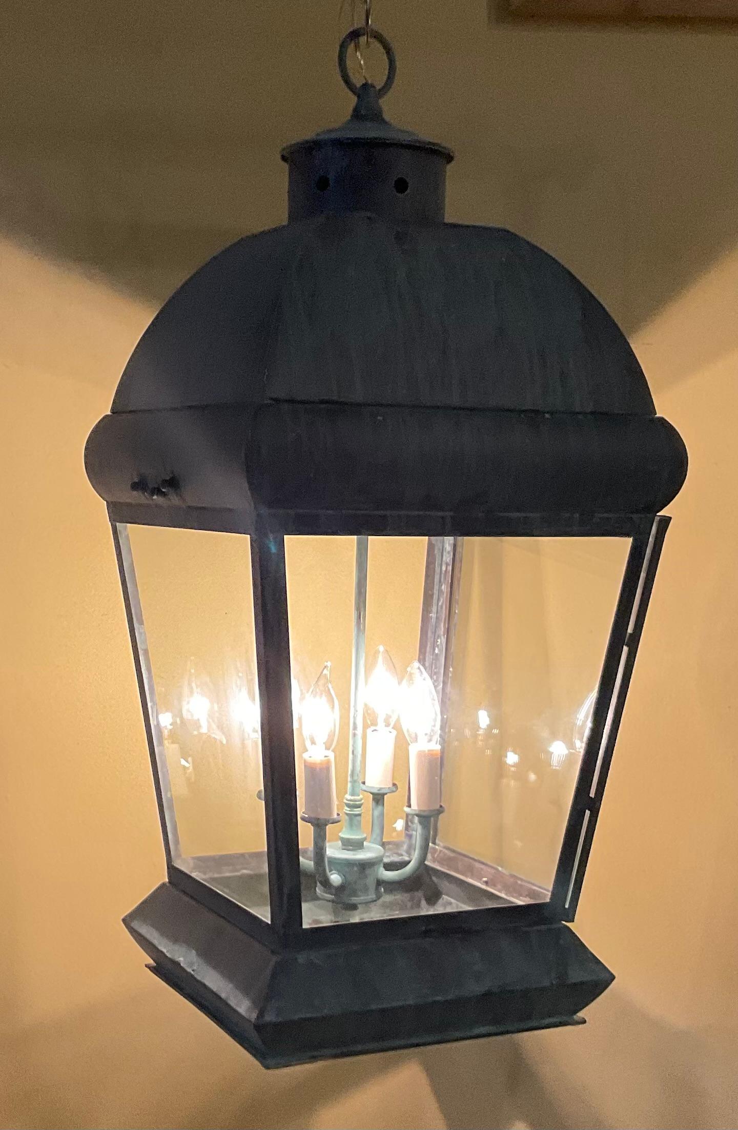 Hand-Carved Large Square Vintage Solid Brass Hanging Lantern Chandelier For Sale