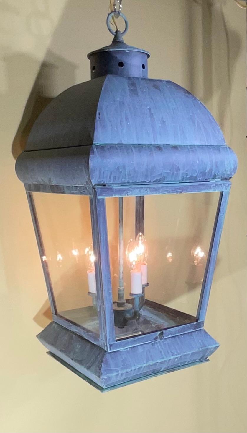 Large Square Vintage Solid Brass Hanging Lantern Chandelier In Good Condition For Sale In Delray Beach, FL