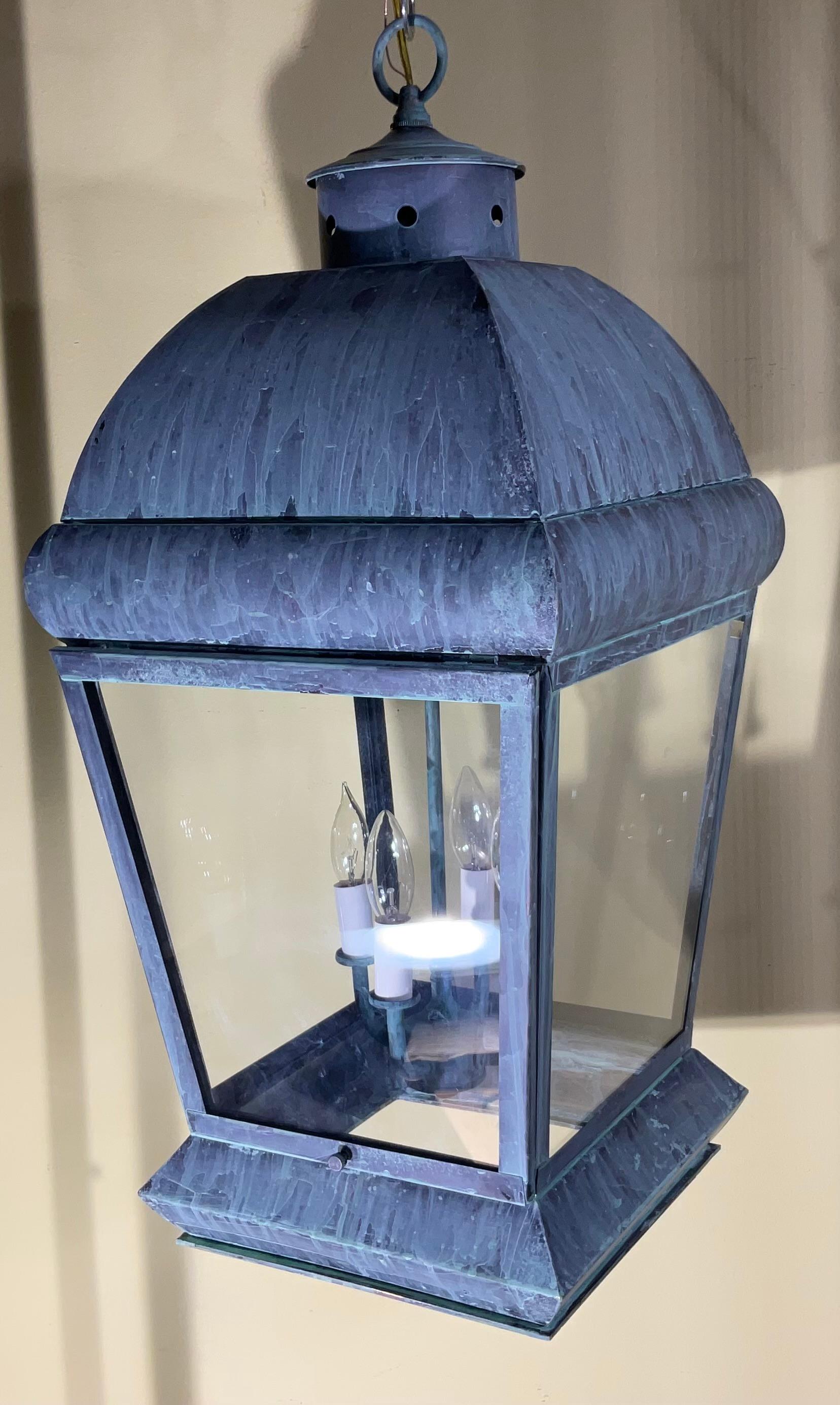 Large Square Vintage Solid Brass Hanging Lantern Chandelier For Sale 2