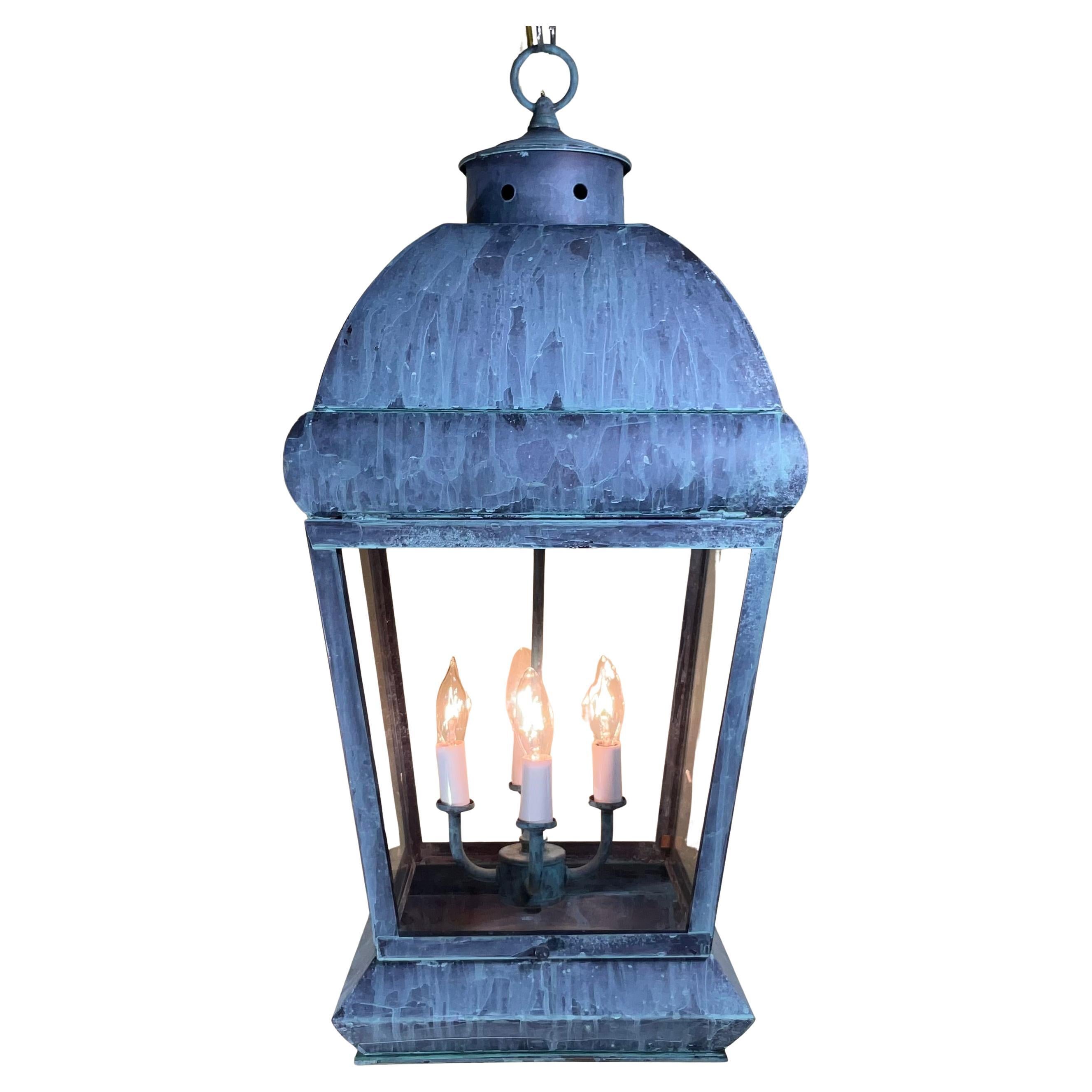 Large Square Vintage Solid Brass Hanging Lantern Chandelier For Sale