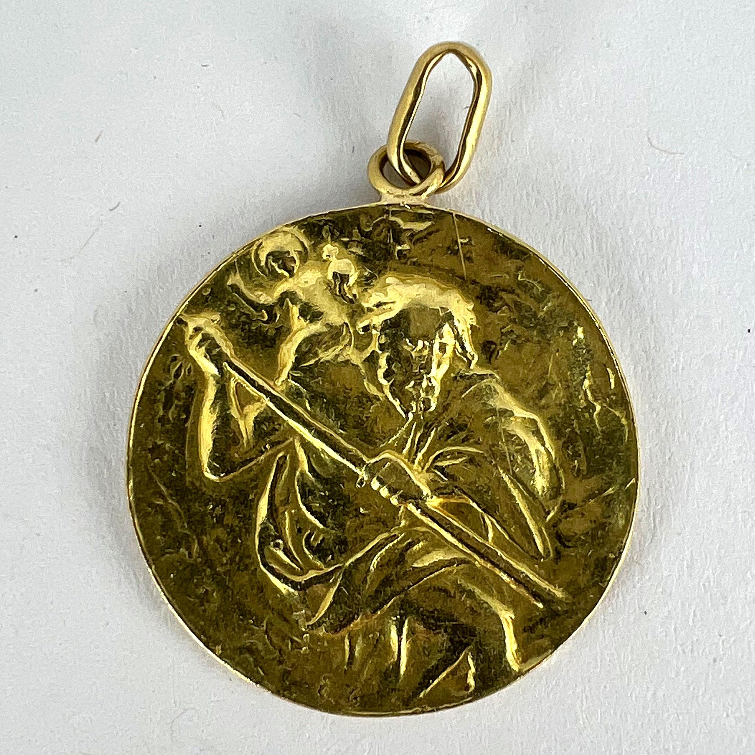 Large St Christopher 18K Yellow Gold Pendant Medal For Sale 9