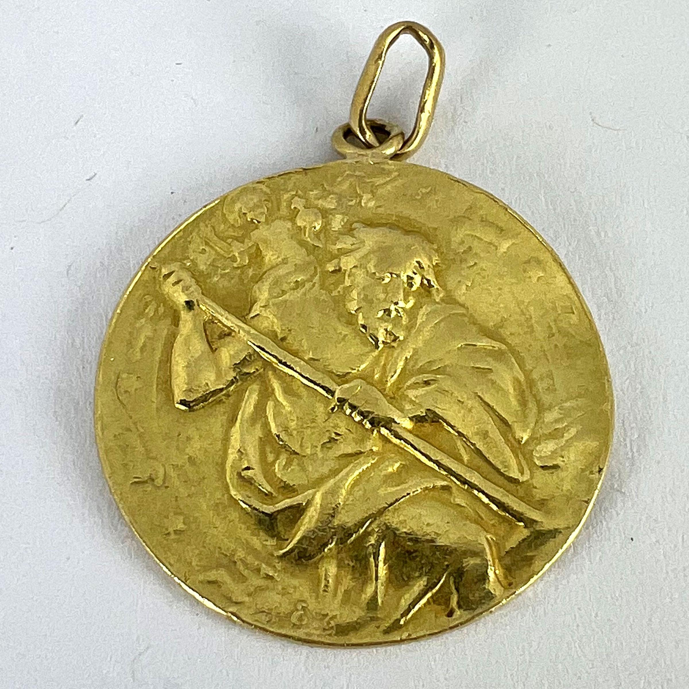 Large St Christopher 18K Yellow Gold Pendant Medal For Sale 10