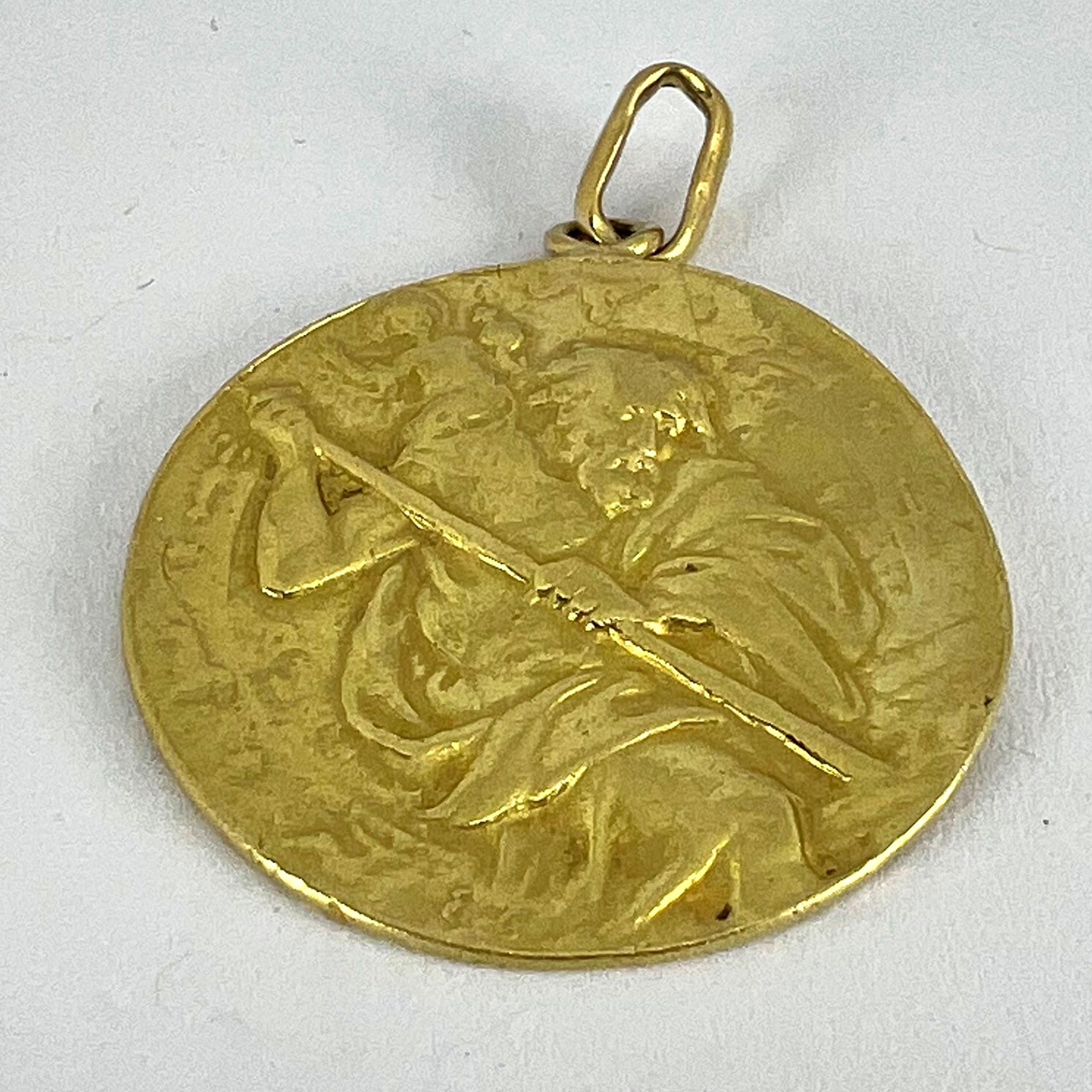 Large St Christopher 18K Yellow Gold Pendant Medal For Sale 11
