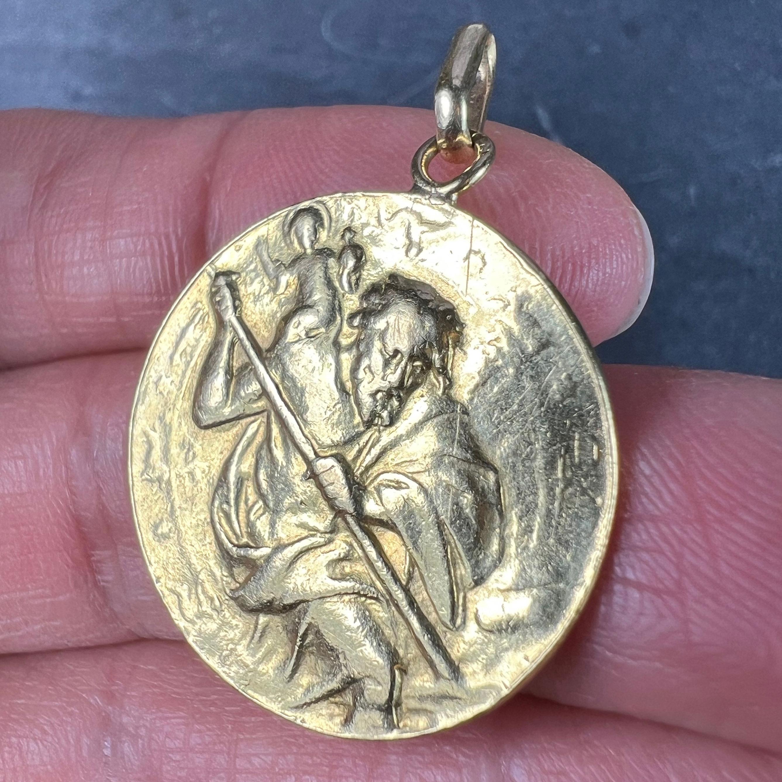 Large St Christopher 18K Yellow Gold Pendant Medal For Sale 2