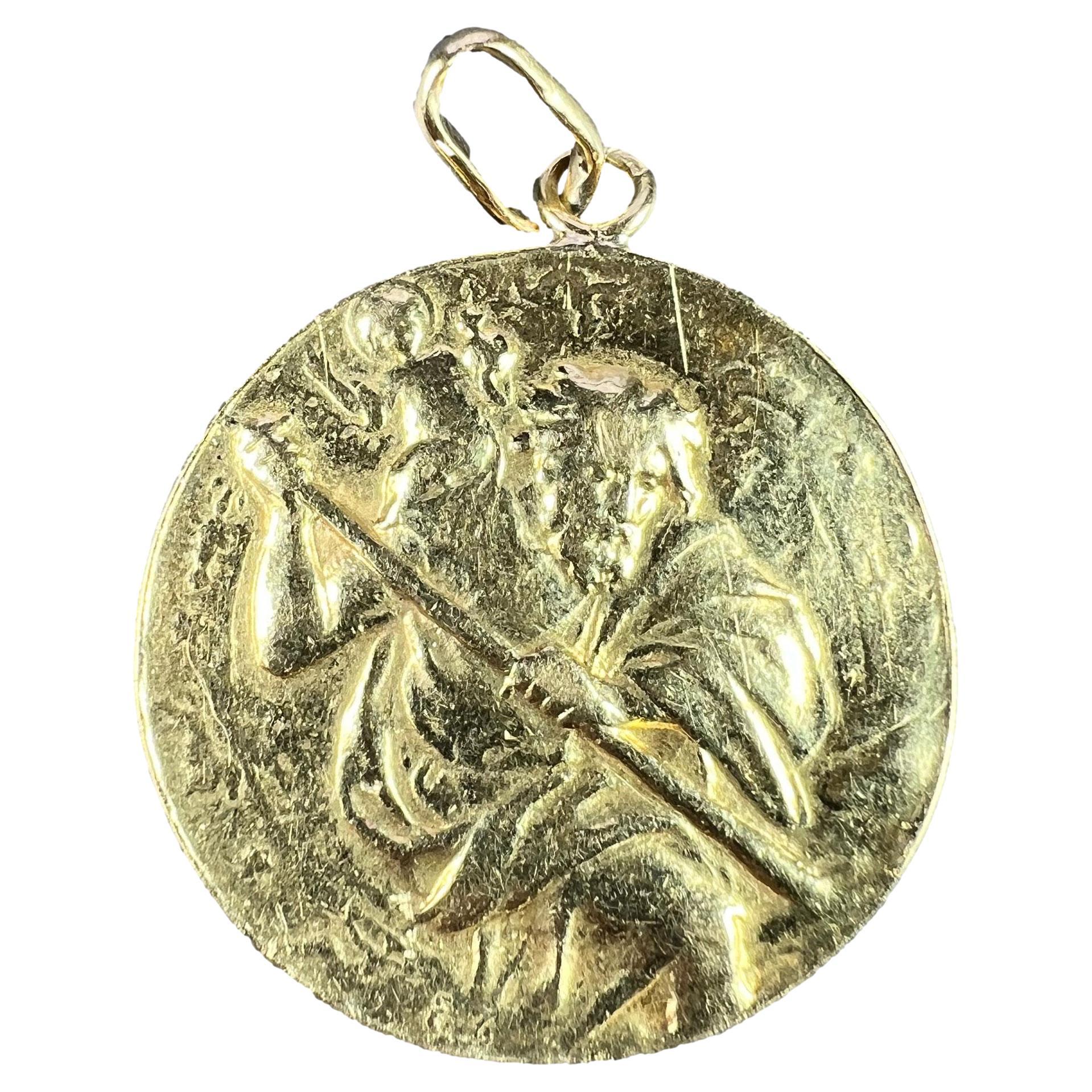 Large St Christopher 18K Yellow Gold Pendant Medal For Sale