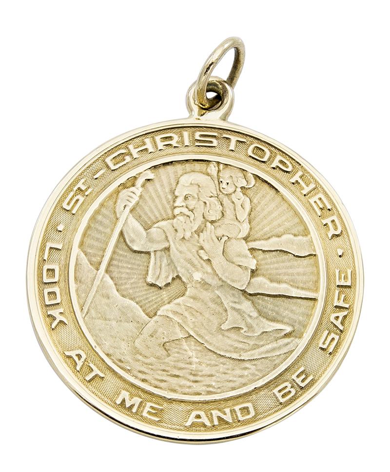 Large 14K yellow gold St. Christopher's medal.  1 1/8