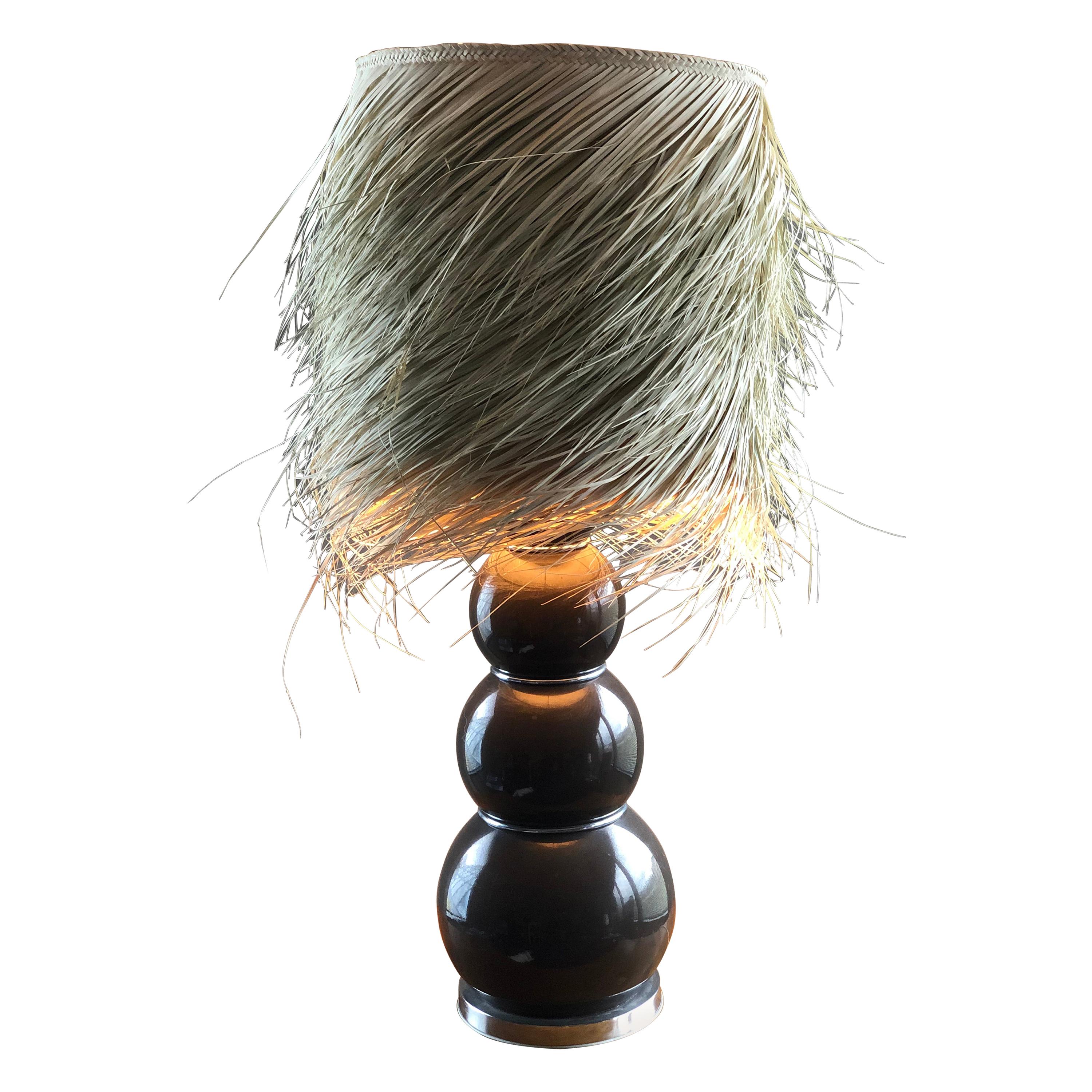 Large Stacked Balls Lamp, Lampshade in Natural Palm Fiber Design 1970