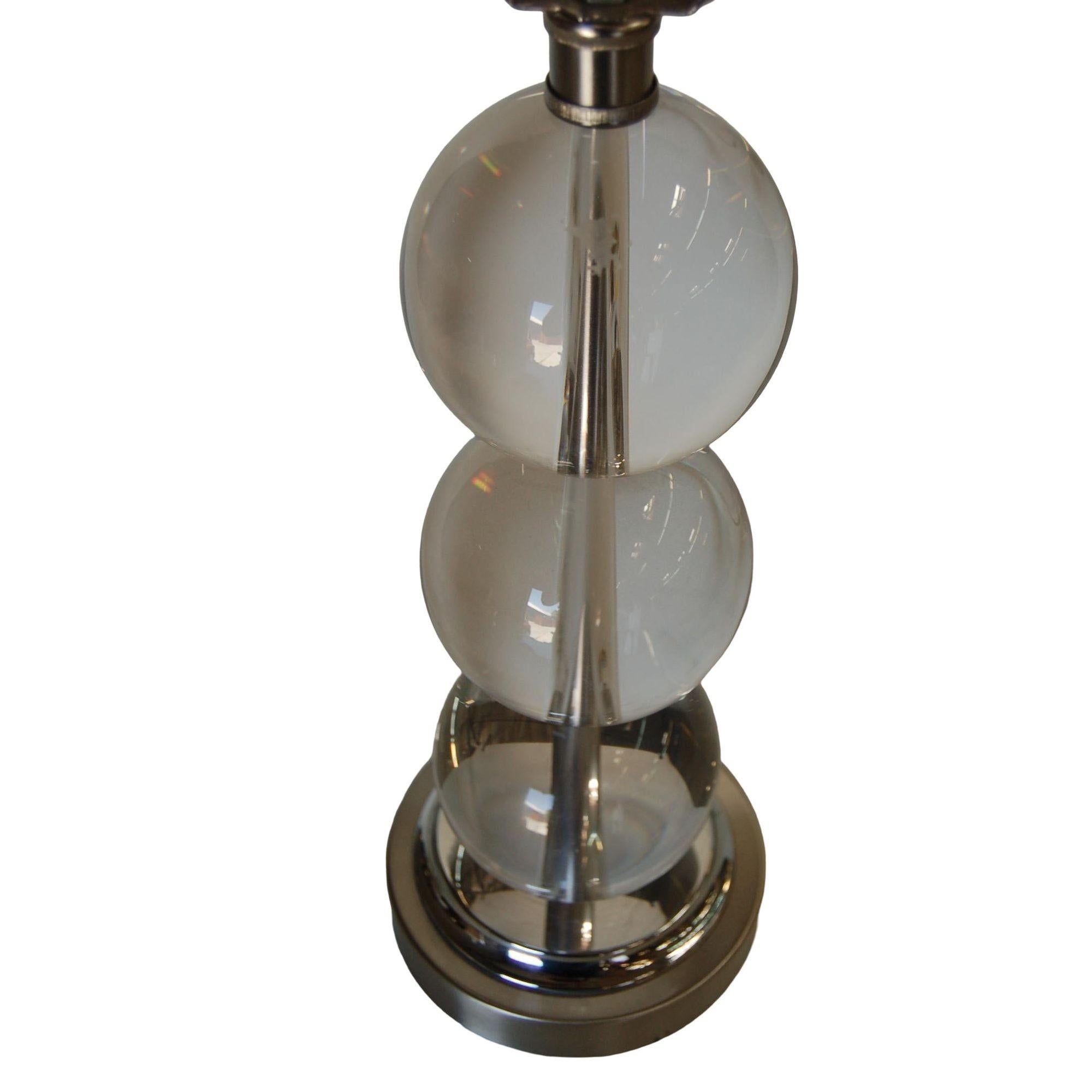 Mid-Century Modern stacking large crystal three ball table lamp on a chrome base. Pair available. Measures: 6
