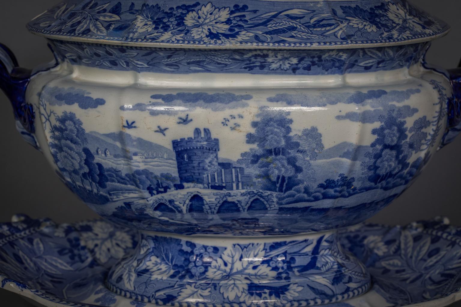 Large Staffordshire Blue and White Transferware Soup Tureen and Stand, ca. 1860 1