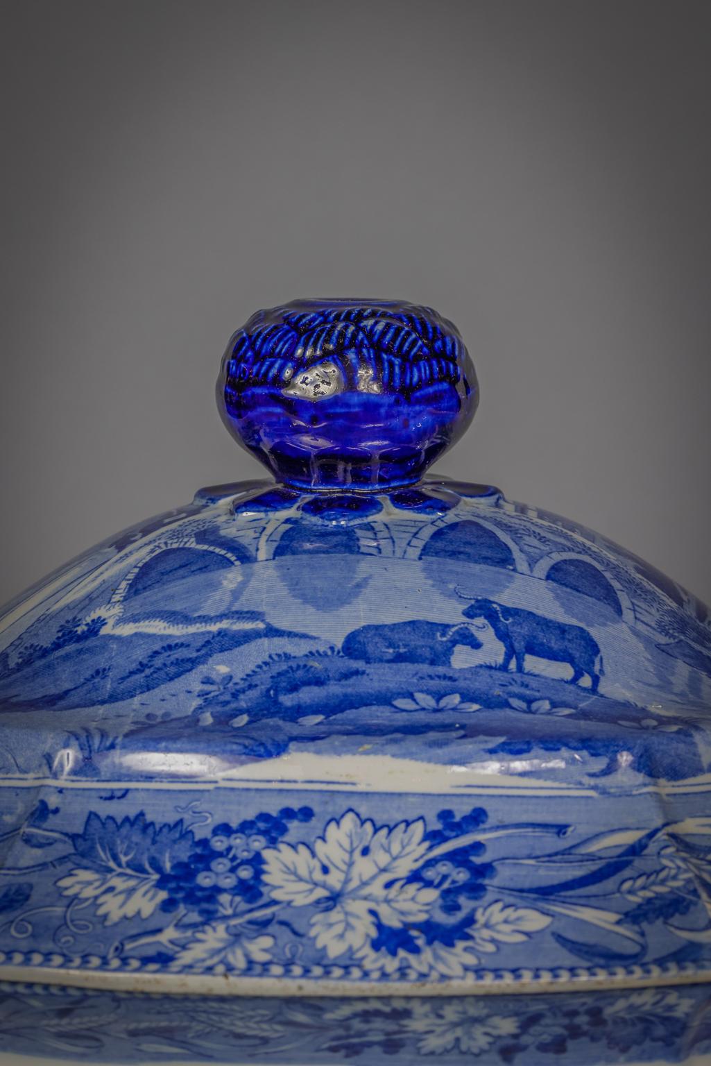 English Large Staffordshire Blue and White Transferware Soup Tureen and Stand, ca. 1860