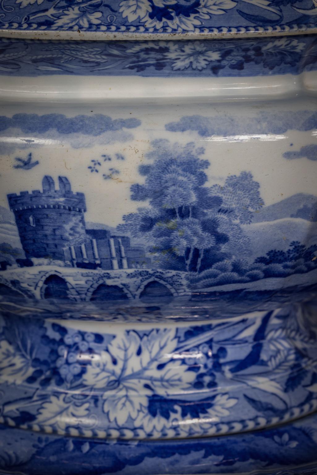 Large Staffordshire Blue and White Transferware Soup Tureen and Stand, ca. 1860 In Good Condition In New York, NY