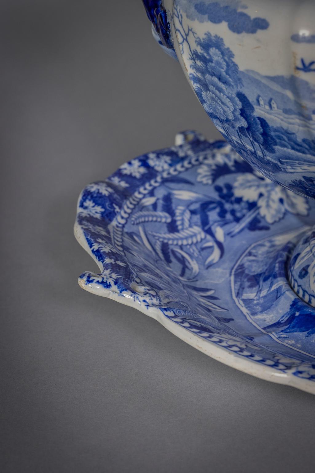 Mid-19th Century Large Staffordshire Blue and White Transferware Soup Tureen and Stand, ca. 1860