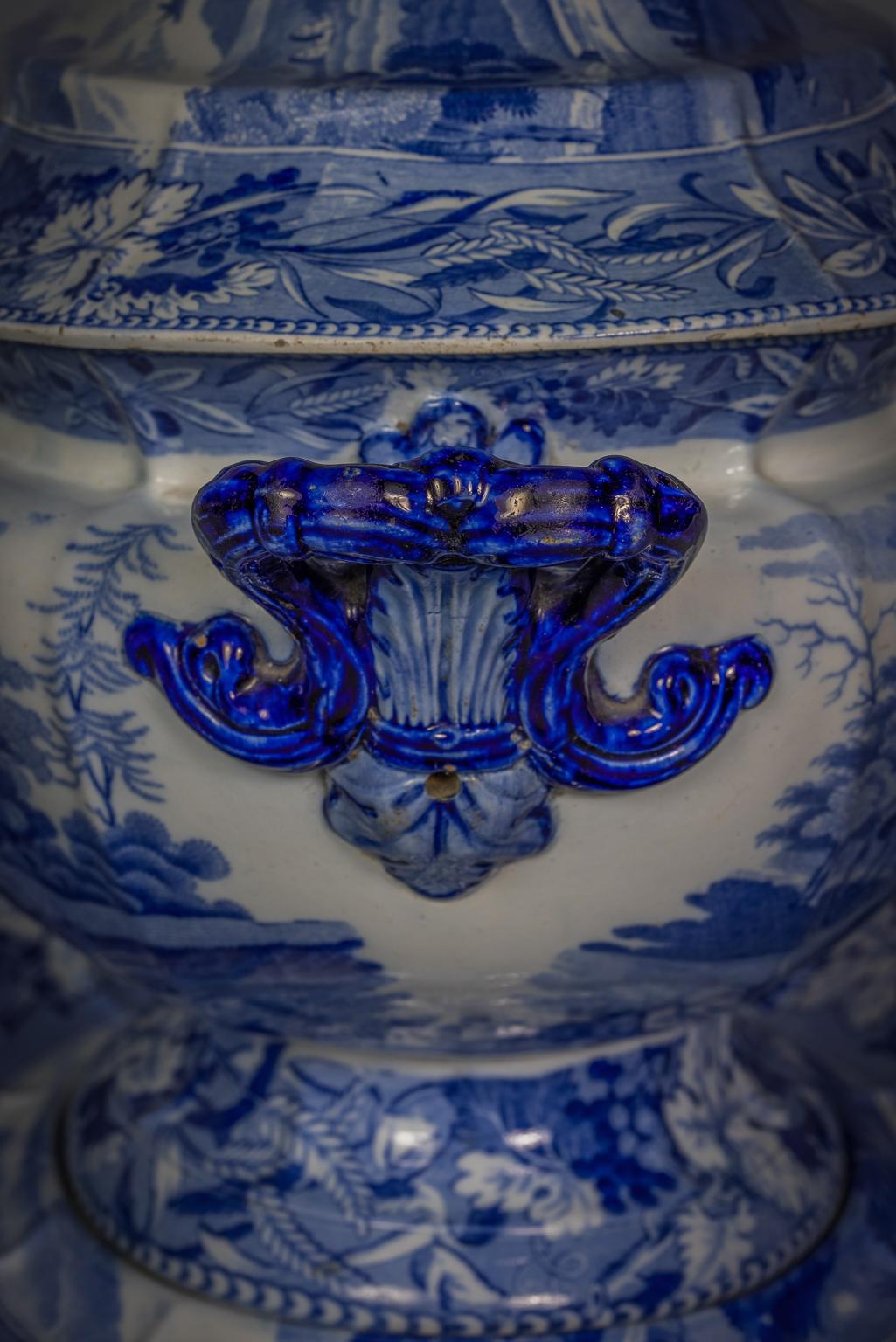 Ceramic Large Staffordshire Blue and White Transferware Soup Tureen and Stand, ca. 1860