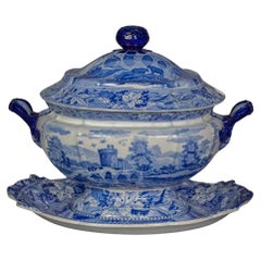 Antique Large Staffordshire Blue and White Transferware Soup Tureen and Stand, ca. 1860
