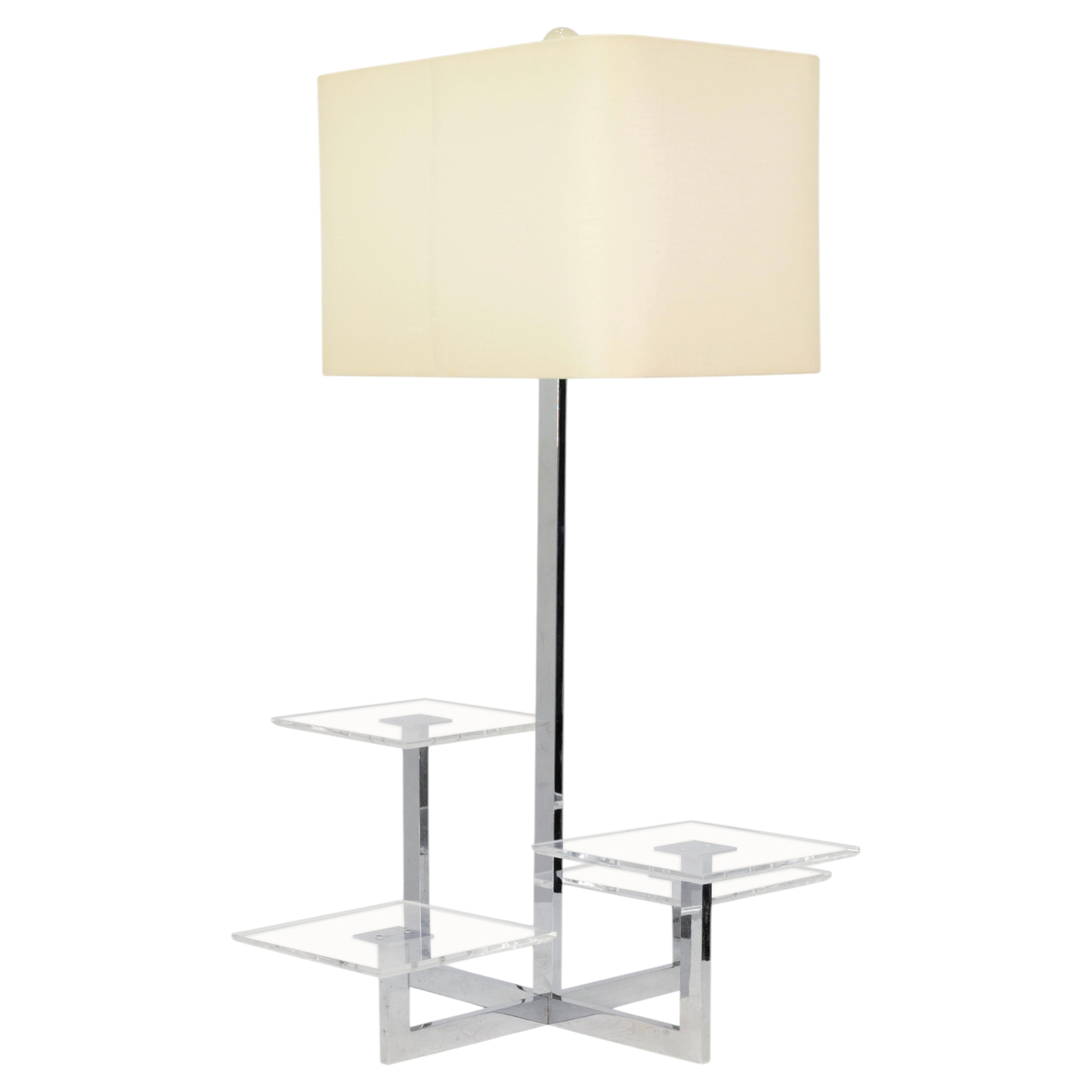 Large Staggered Lucite Tray And Chrome Table Lamp