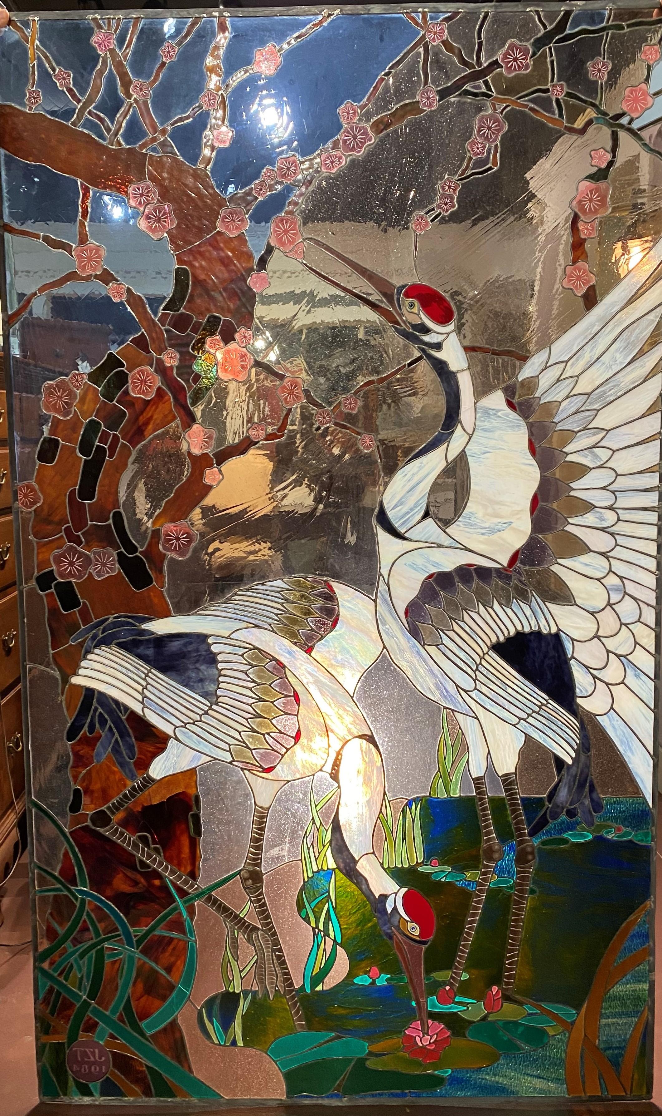 Large Stained and Leaded Glass Window with Herons Monogrammed JZT, 1984 5