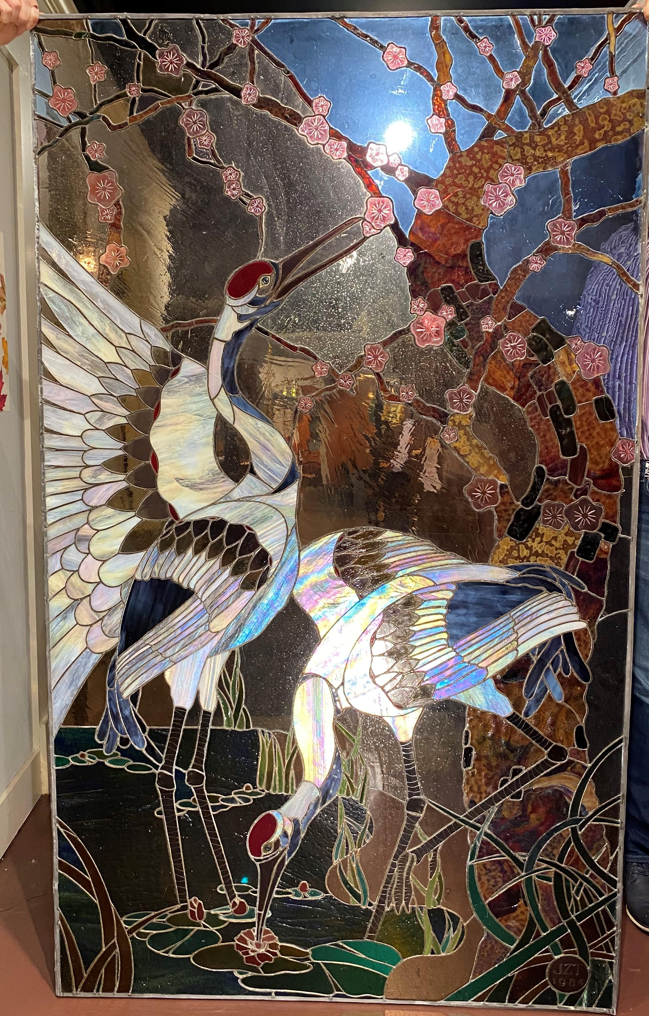 Large Stained and Leaded Glass Window with Herons Monogrammed JZT, 1984 6