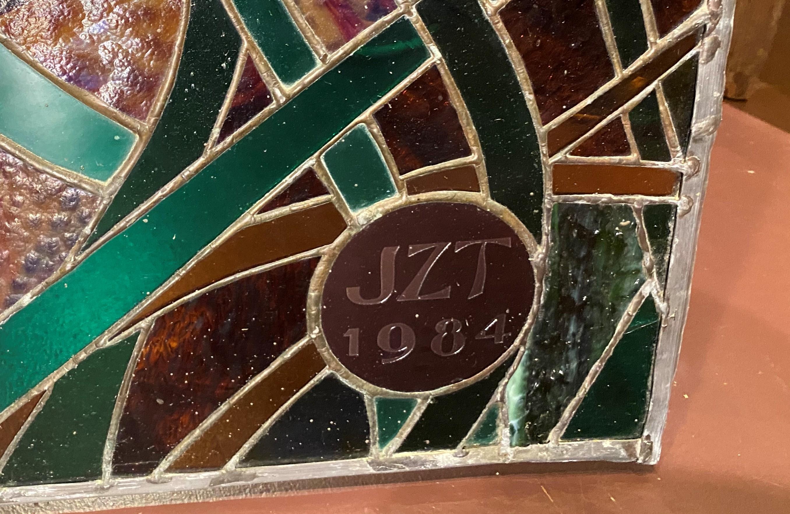 Large Stained and Leaded Glass Window with Herons Monogrammed JZT, 1984 12