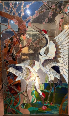 Large Stained and Leaded Glass Window with Herons Monogrammed JZT, 1984