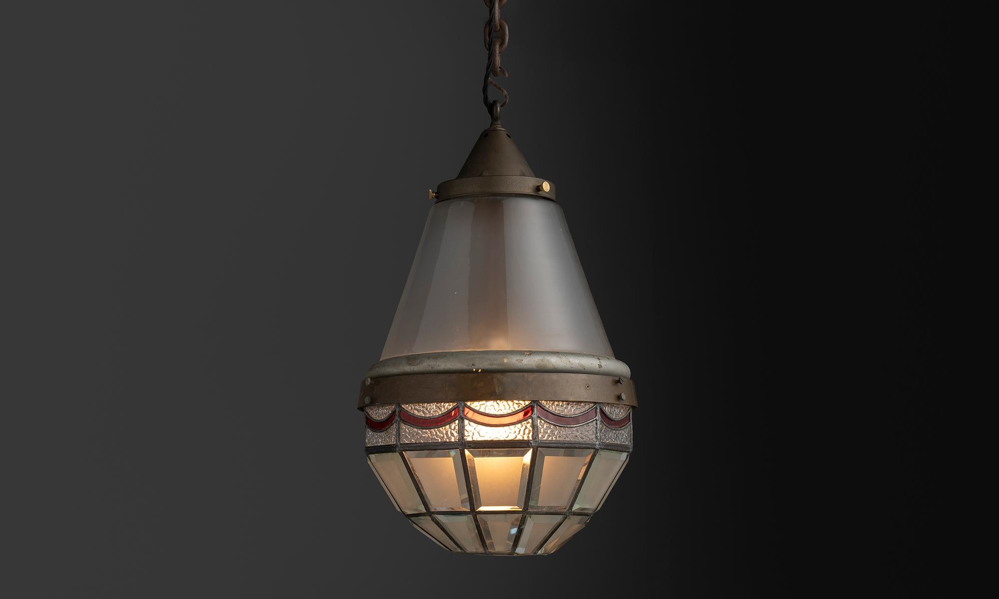 Denmark, 1930
Large antique dutch stained, etched, and mercury glass pendant light with brass fitter.
12”dia x 21”h
Ref. L5292
$ 3,200
