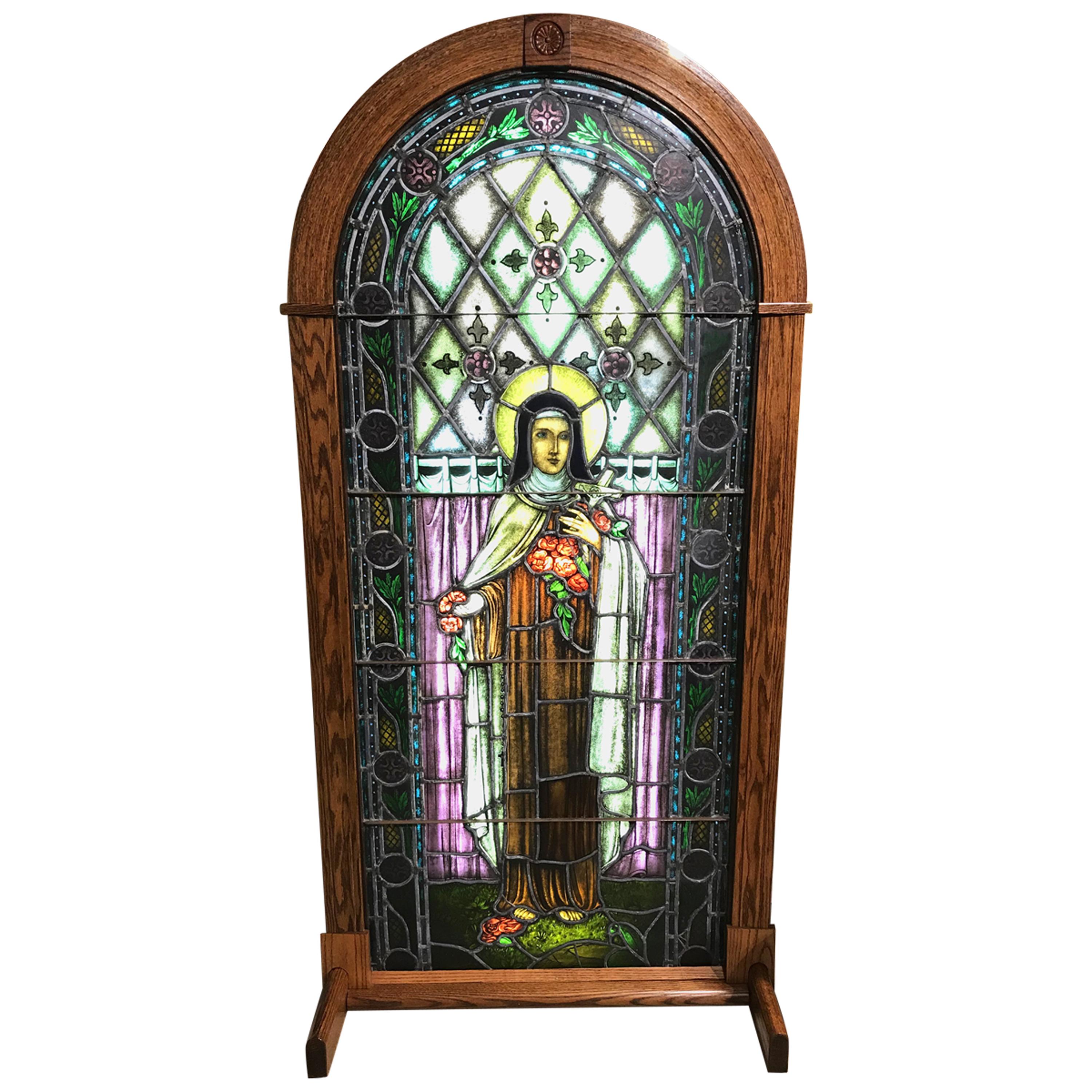 Large Stained Glass Window of Sainte Thérèse de L’Enfant Jesus in Custom Display