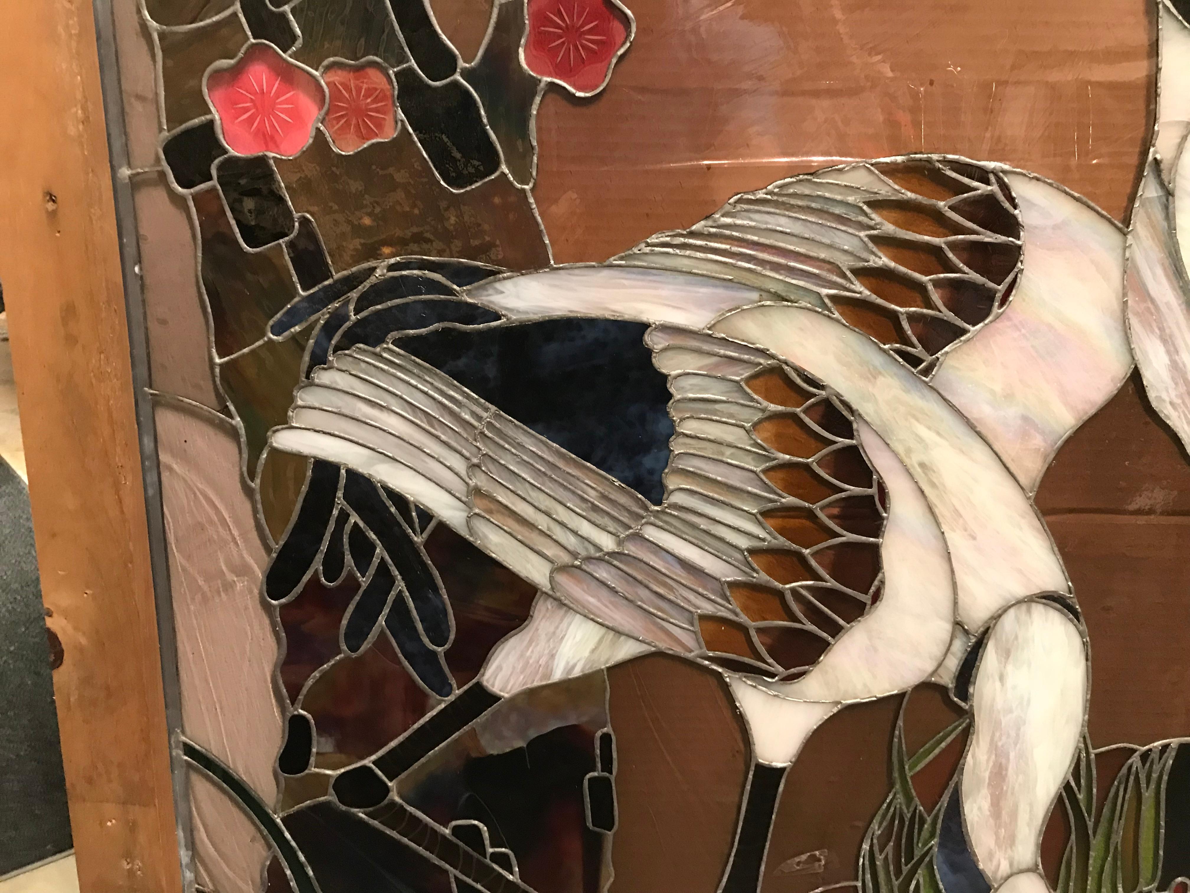 Late 20th Century Large Stained and Leaded Glass Window with Herons Monogrammed JZT, 1984