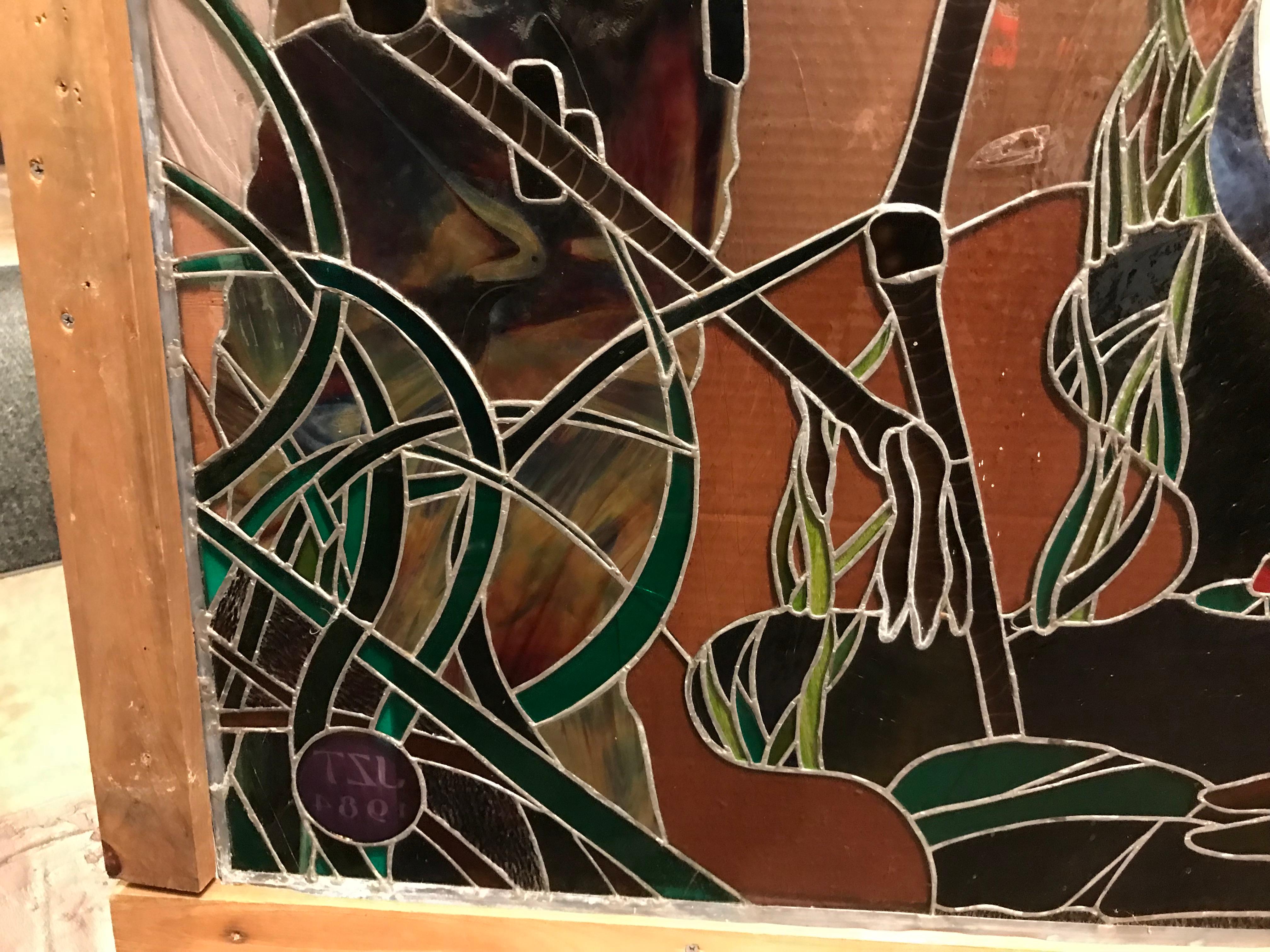 Large Stained and Leaded Glass Window with Herons Monogrammed JZT, 1984 1