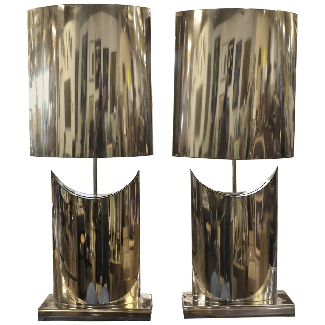 Large Stainless Curtis Jere Lamps and Shades For Sale