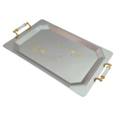 Bandeja grande para servir de acero inoxidable con decoración de oro de 24 quilates Italia años 1990
