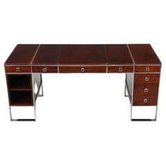 Large stainless steel wood and leather desk attributed to Guy Lefèvre for Jansen