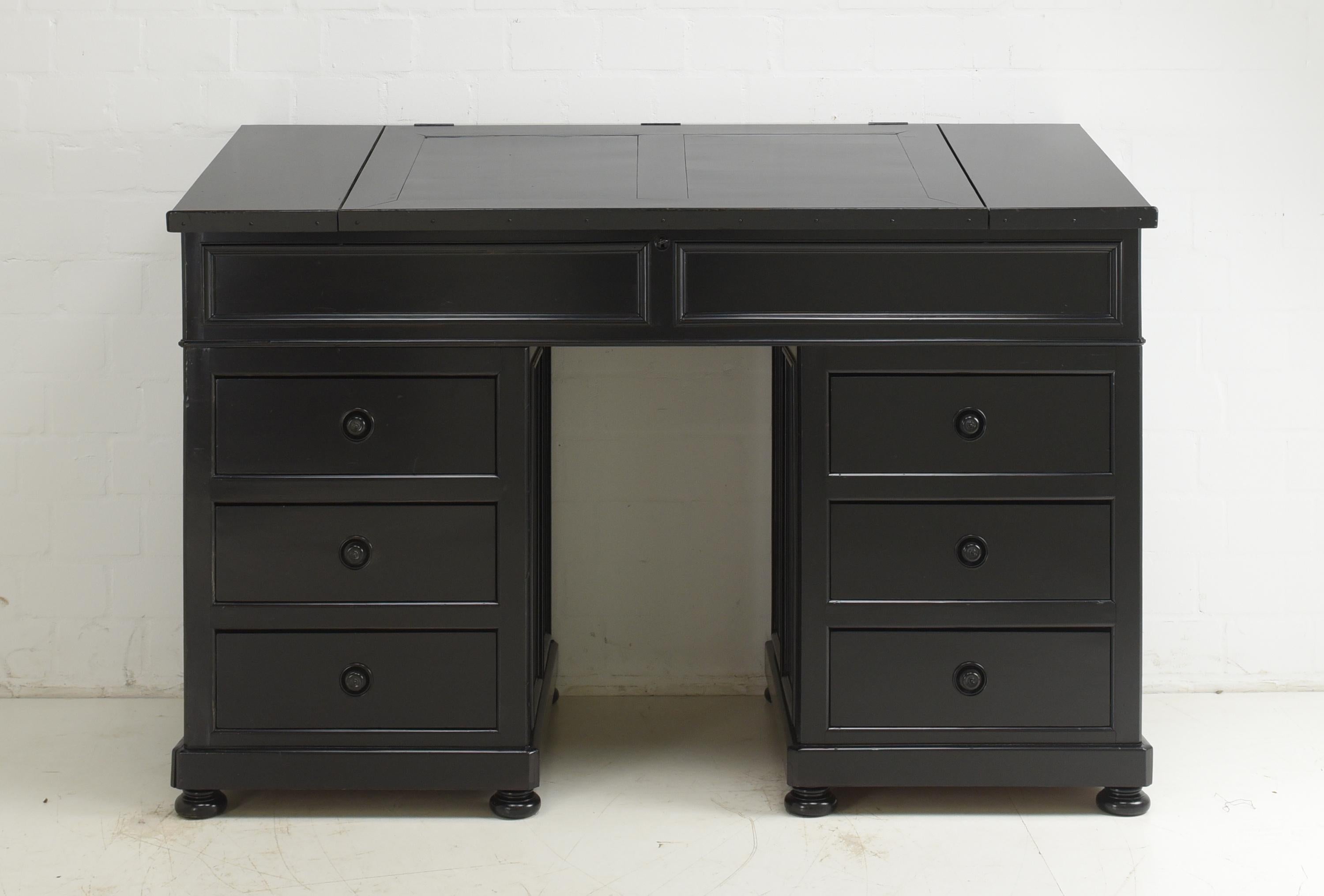 Large standing desk restored circa 1880 reception desk secretary desk

Features:
Painted black outside
Desk can be folded up in the middle with plenty of storage space underneath
Six drawers, dovetailed
High quality
Functional, timelessly