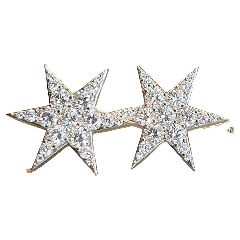 Round Cut Large Star Stud Earrings with 1.49 Carat Diamonds and 14K White Gold For Sale