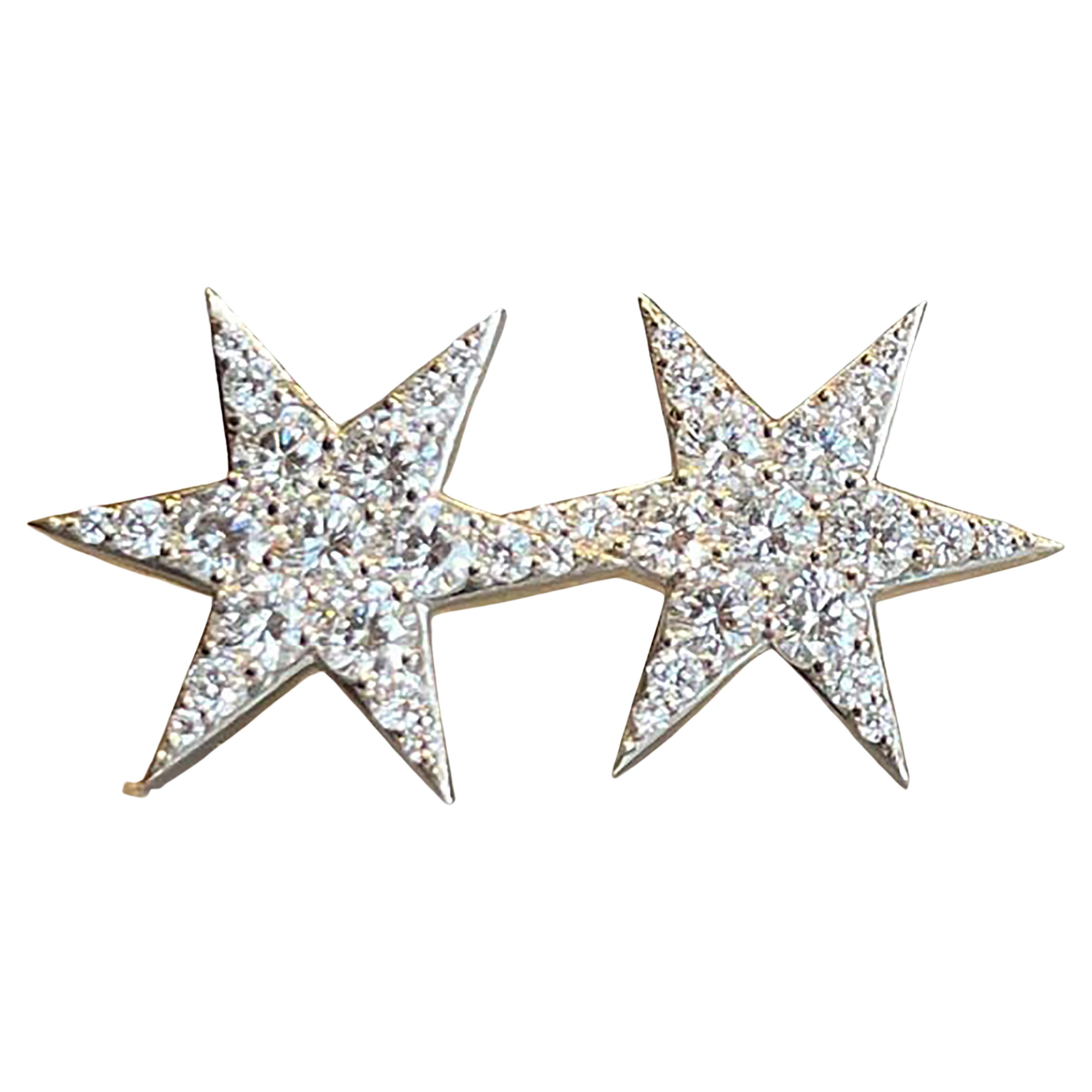 Large Star Stud Earrings with 1.49 Carat Diamonds and 14K White Gold For Sale