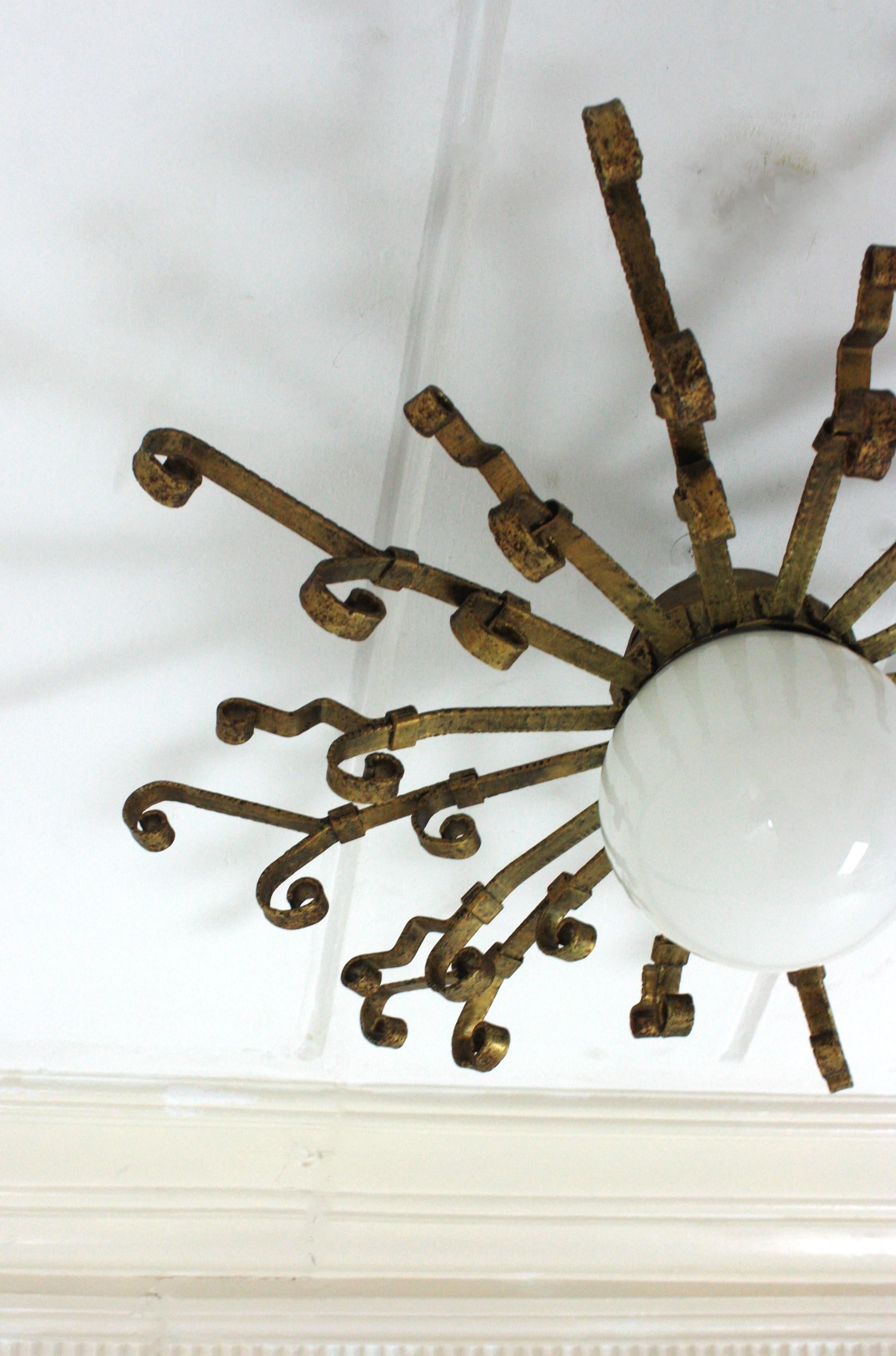Large Starburst Sunburst Ceiling Light Fixture with Milk Glass Globe For Sale 3