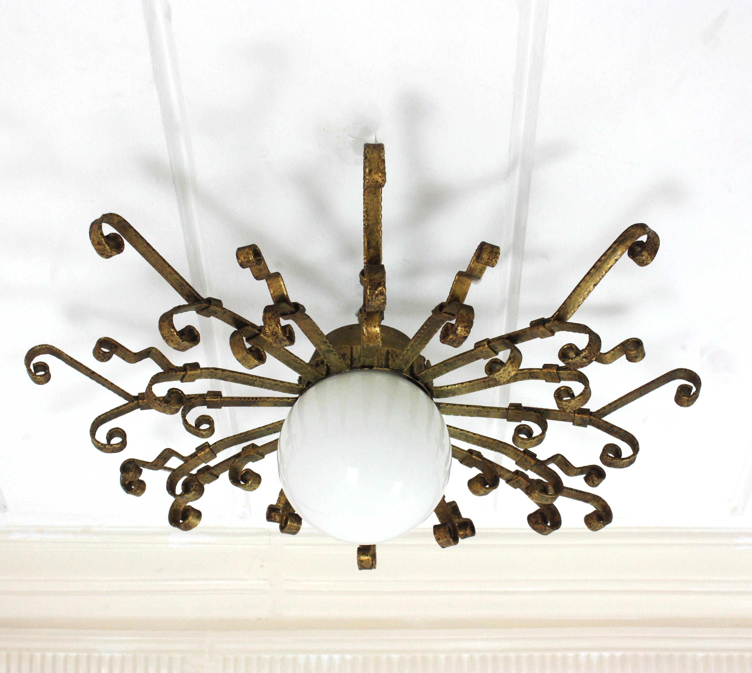 Large Starburst Sunburst Ceiling Light Fixture with Milk Glass Globe For Sale 5