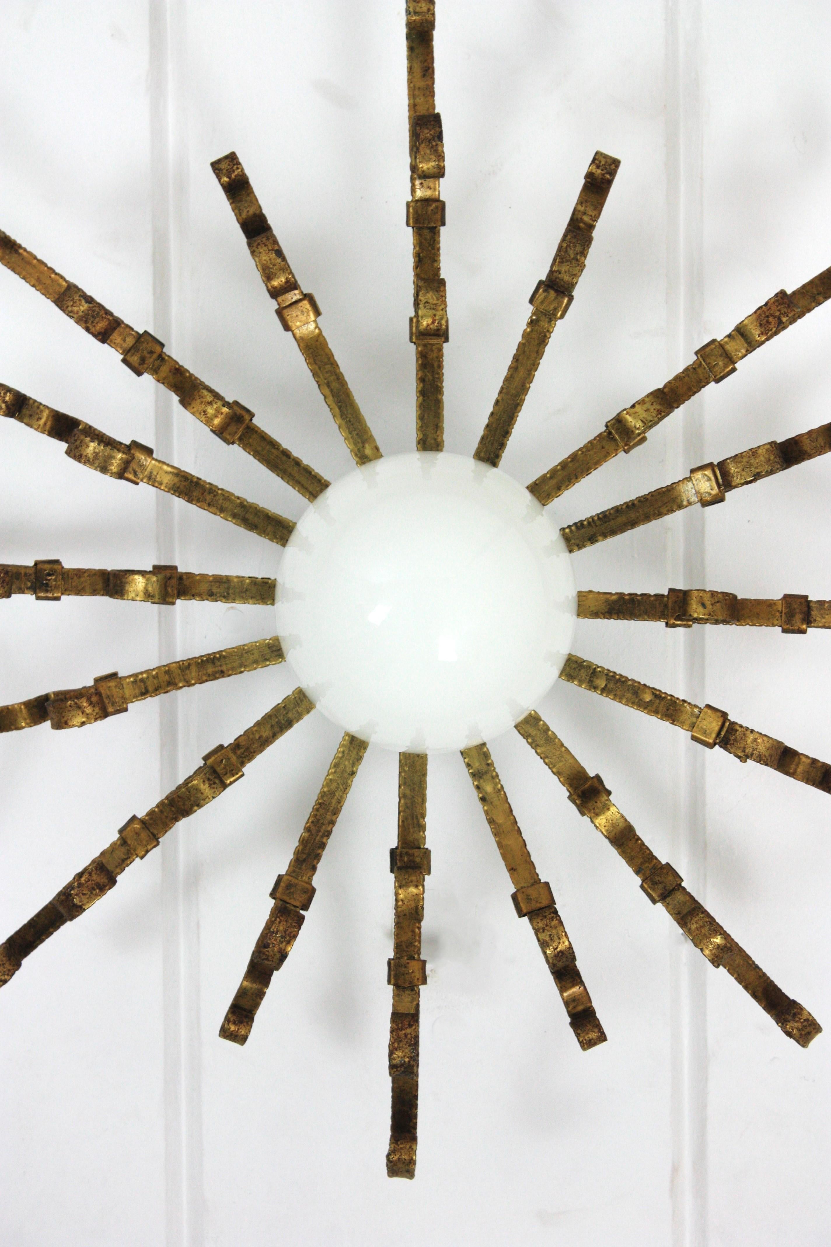 Large Starburst Sunburst Ceiling Light Fixture with Milk Glass Globe For Sale 7