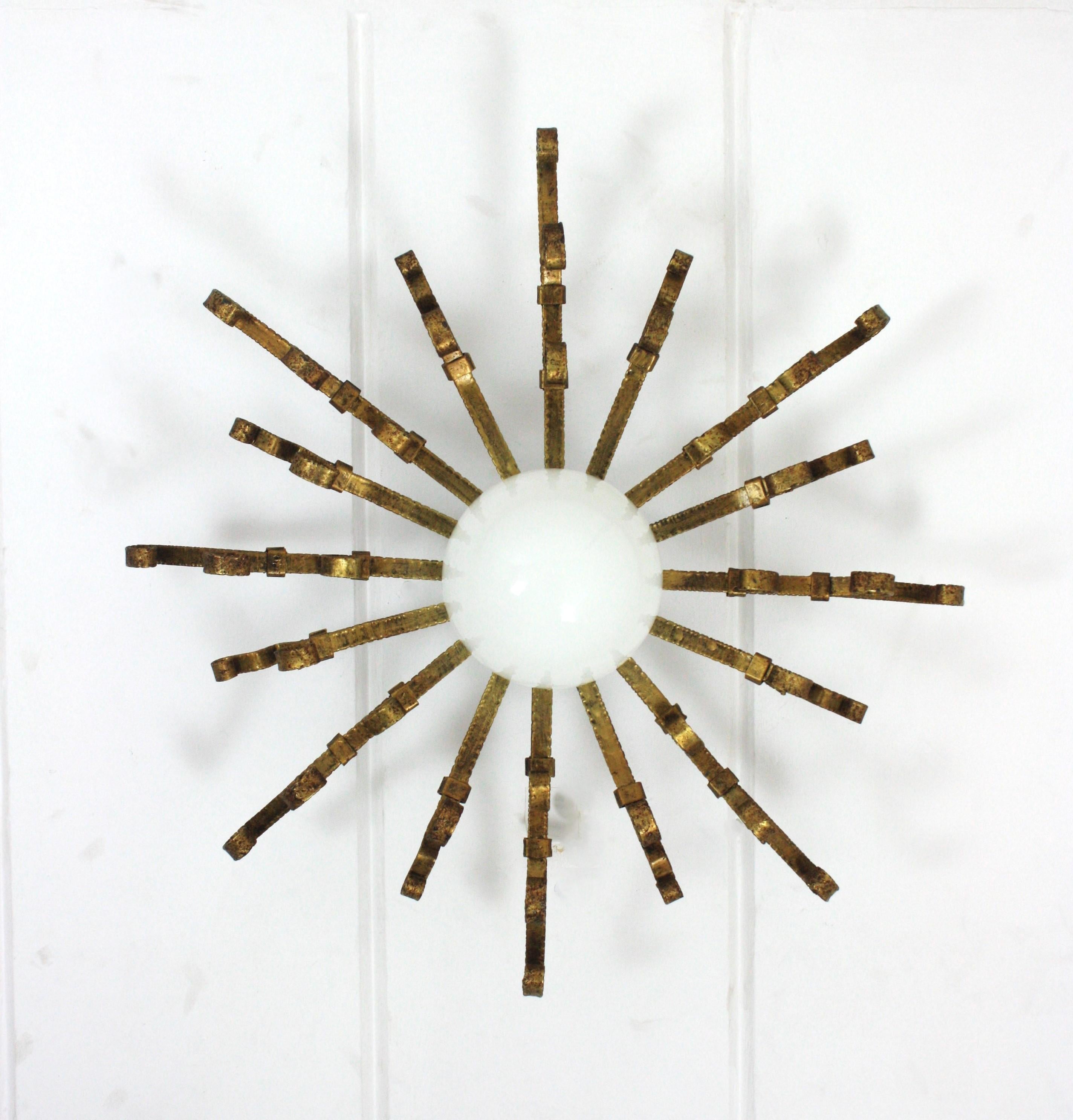 Large Starburst Sunburst Ceiling Light Fixture with Milk Glass Globe For Sale 8