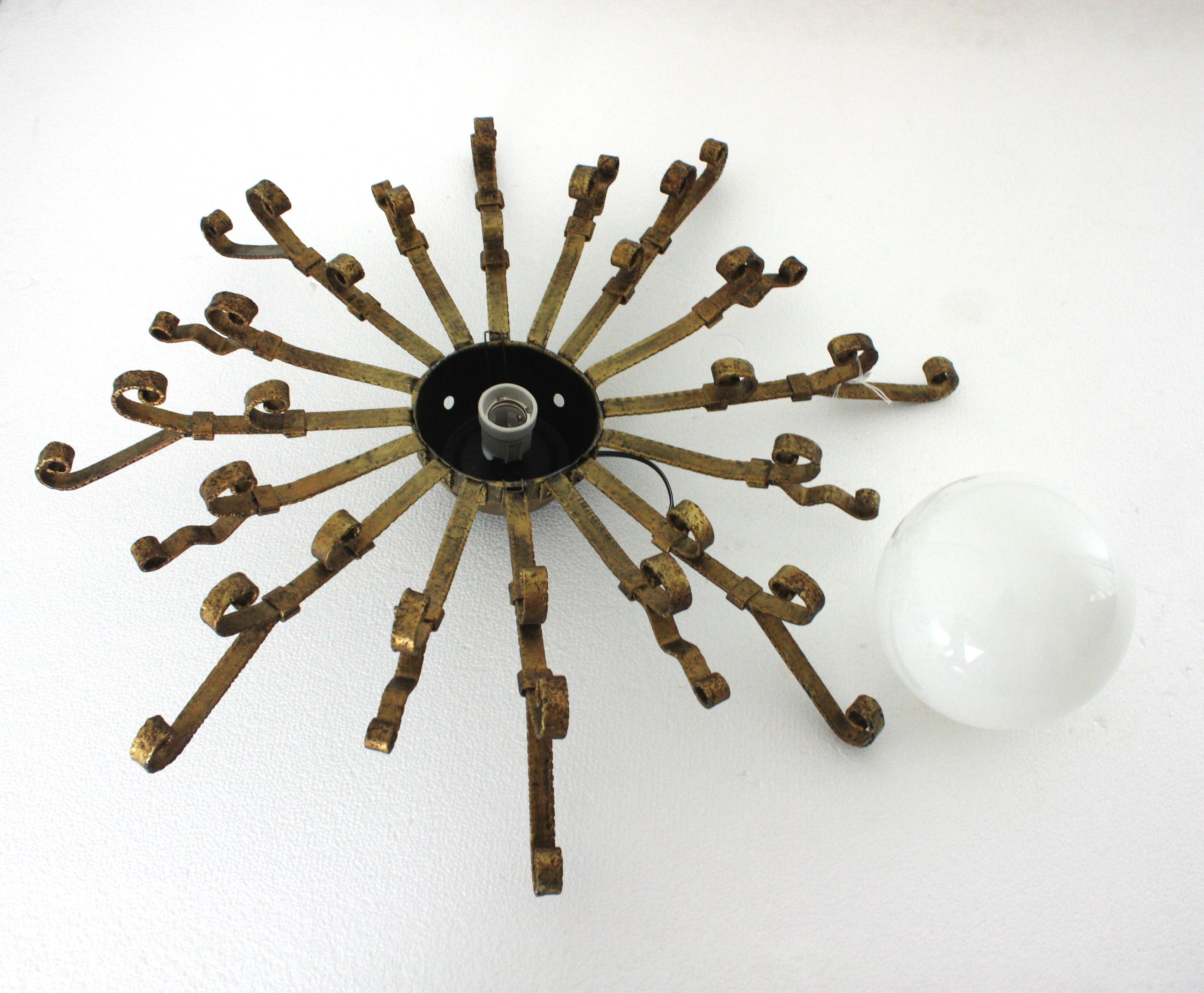 Large Starburst Sunburst Ceiling Light Fixture with Milk Glass Globe For Sale 9