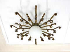 Large Starburst Sunburst Ceiling Light Fixture with Milk Glass Globe