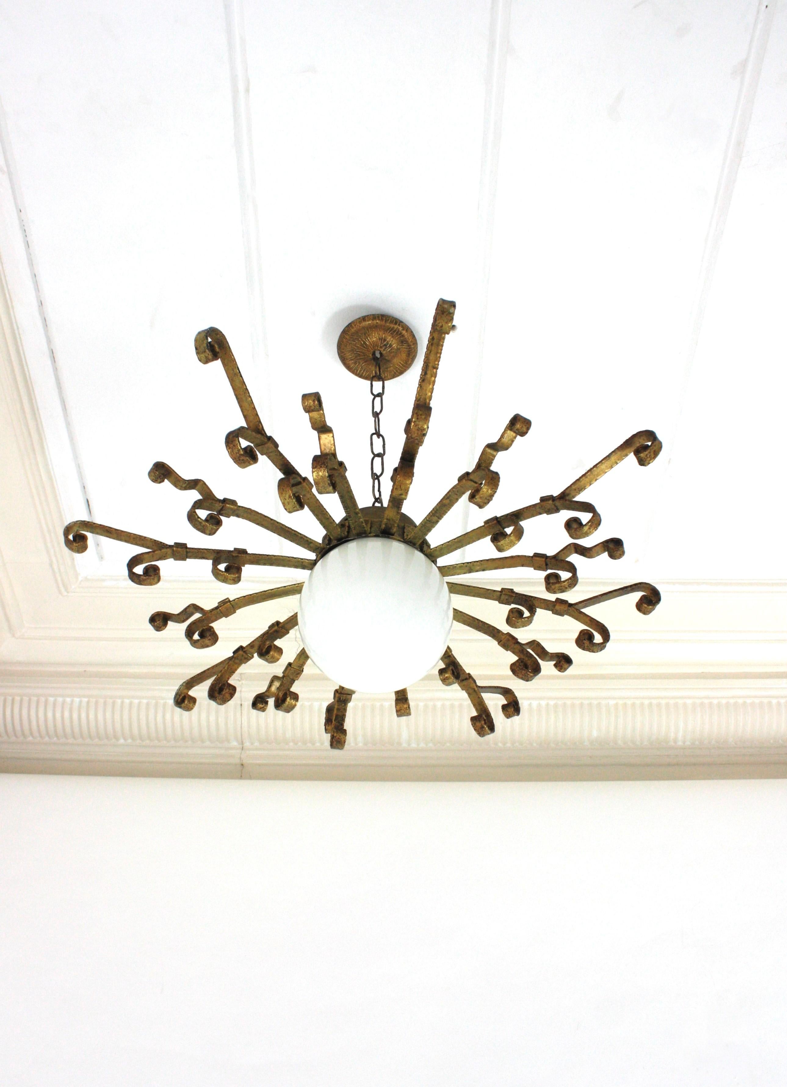 Mid-Century Modern Large Starburst Sunburst Ceiling Light Fixture with Milk Glass Globe For Sale